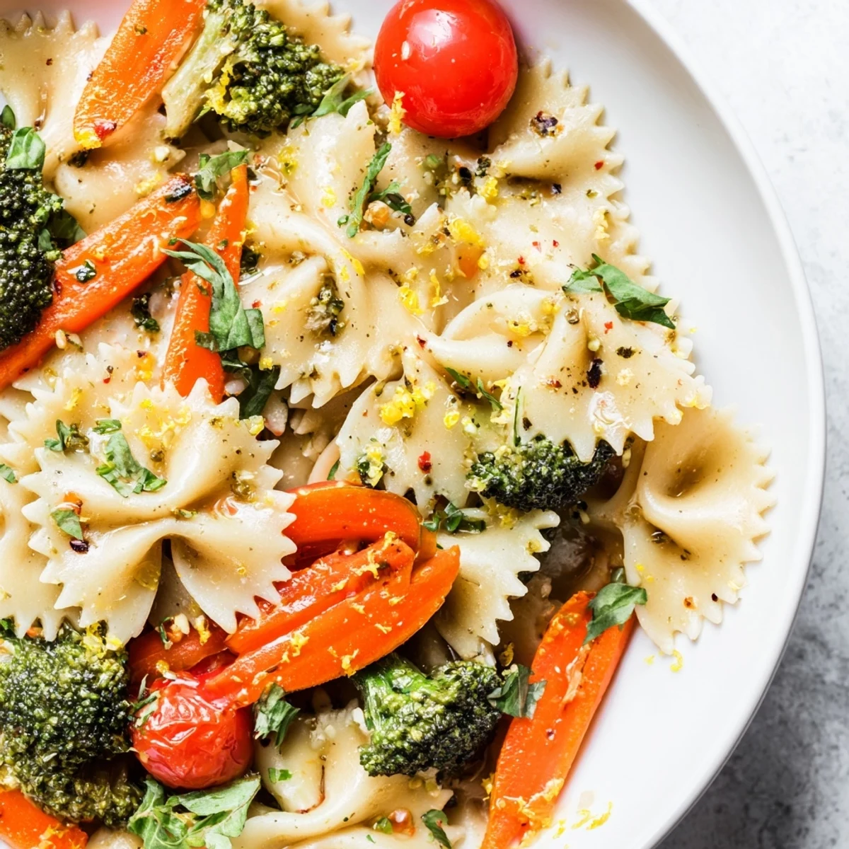 A close-up of warm Rainbow Veggie Pasta Primavera highlights colorful broccoli, cherry tomatoes, and asparagus, ready to serve with a zesty lemon finish.  