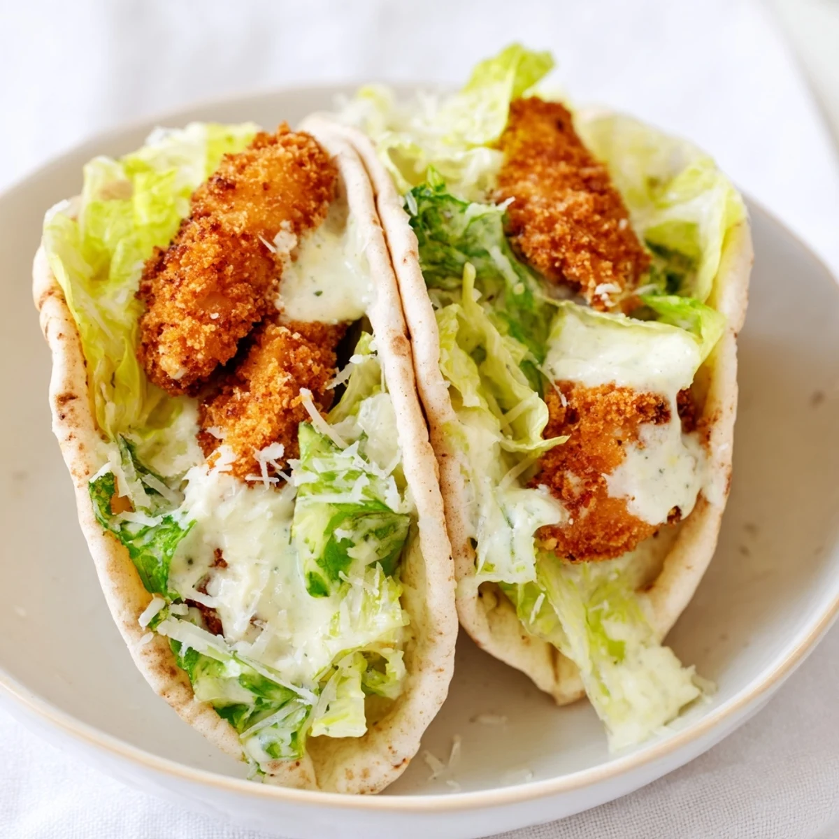 Freshly air-fried crispy chicken strips and creamy Caesar salad stuffed into a warm, fluffy pita pocket for a handheld meal.