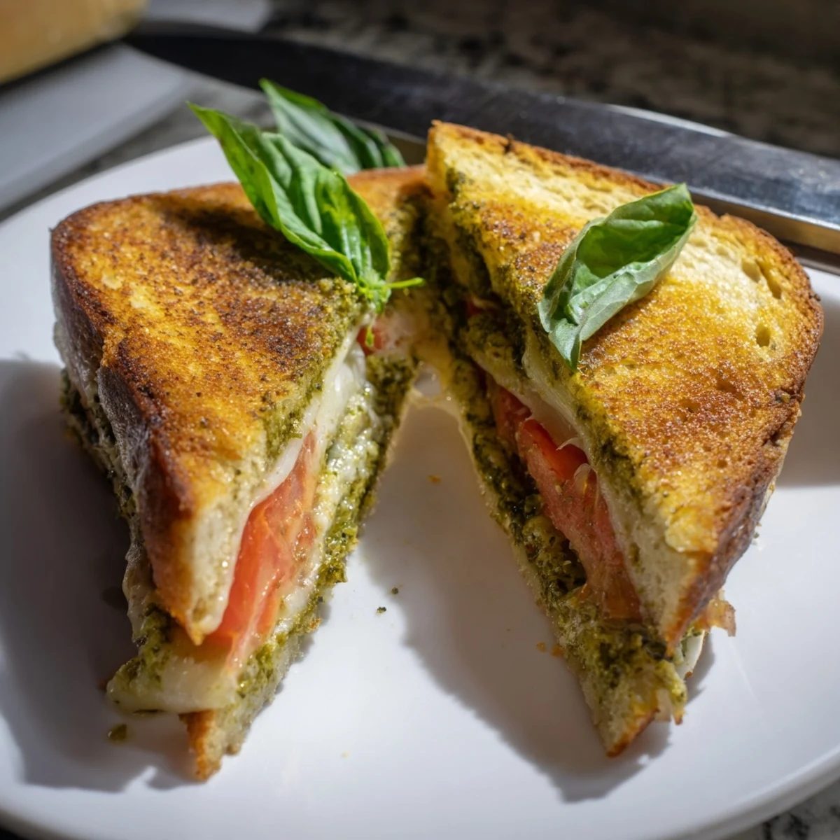 Golden, crispy sourdough bread oozing melted mozzarella and tomato slices on a plate, with a small bowl of basil pesto beside the Caprese Pesto Grilled Cheese.