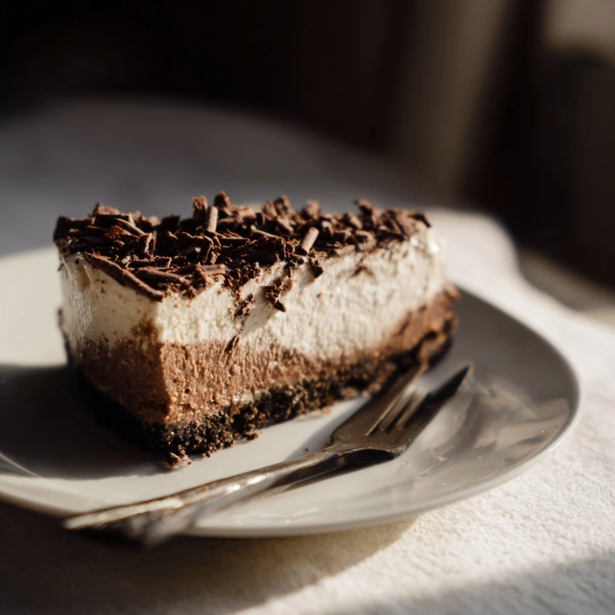 The golden graham cracker crust of a Lighter Chocolate Cottage Cheese Cheesecake meets its velvety, dark chocolate filling.
