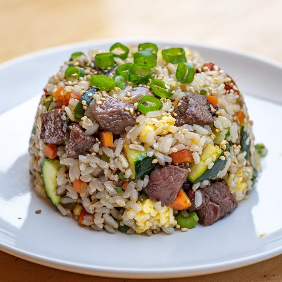 Golden-brown cubes of marinated sirloin steak sizzle alongside colorful diced vegetables and fluffy jasmine rice in a large skillet, creating a vibrant Easy Hibachi Steak With Fried Rice.