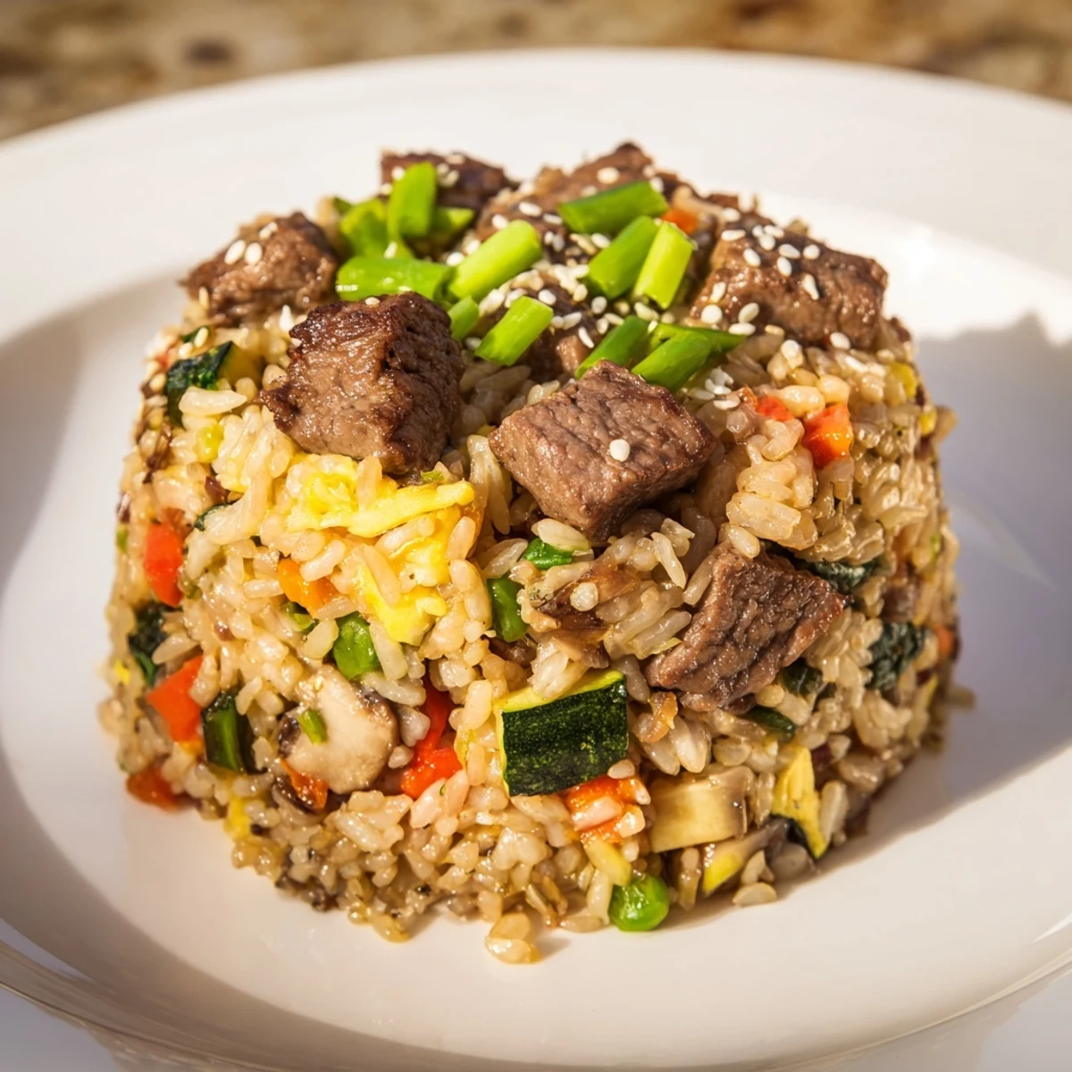 Steam rises from a hearty serving of Easy Hibachi Steak With Fried Rice, featuring savory soy-glazed steak, crispy rice, and zucchini, ready to be enjoyed as a family weeknight meal.