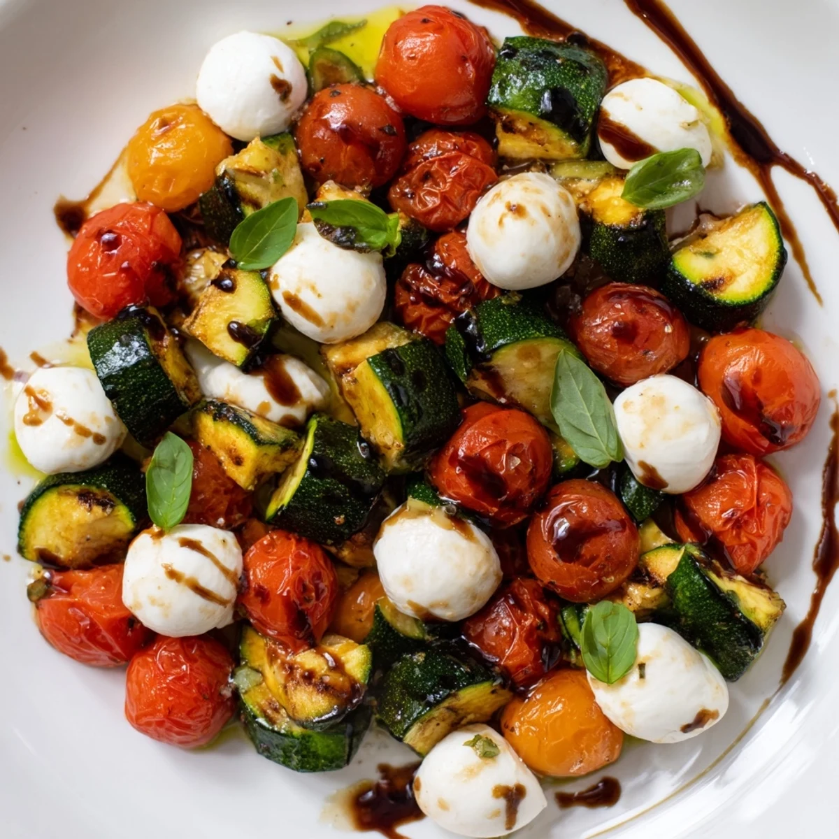 Golden roasted vegetables and creamy mozzarella pearls glisten in this vibrant Roasted Veggie Caprese Salad, topped with fresh basil and balsamic drizzle.