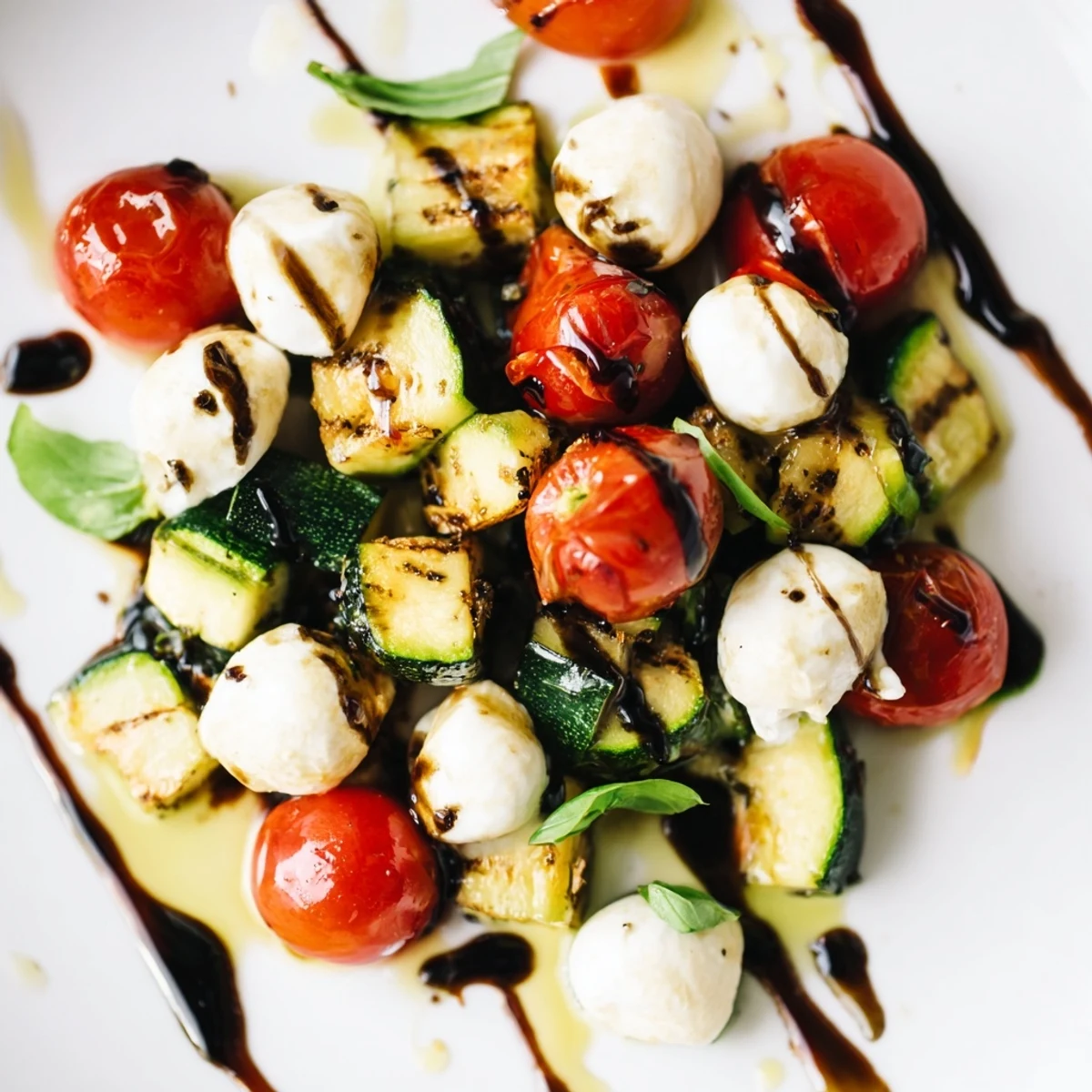 A hearty serving of Roasted Veggie Caprese Salad showcases caramelized vegetables, fresh mozzarella pearls, and torn basil leaves on a rustic platter.