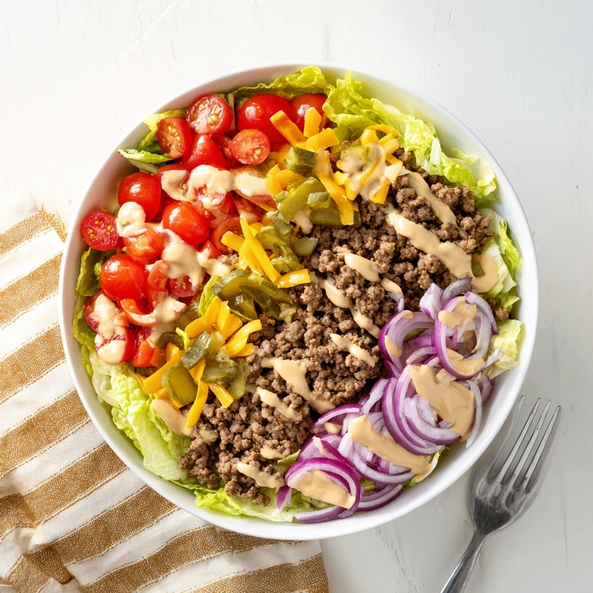 Golden-brown ground beef mingles with crisp romaine lettuce, cherry tomatoes, and diced pickles in this Easy Big Mac in a Bowl, generously drizzled with a creamy special sauce.  