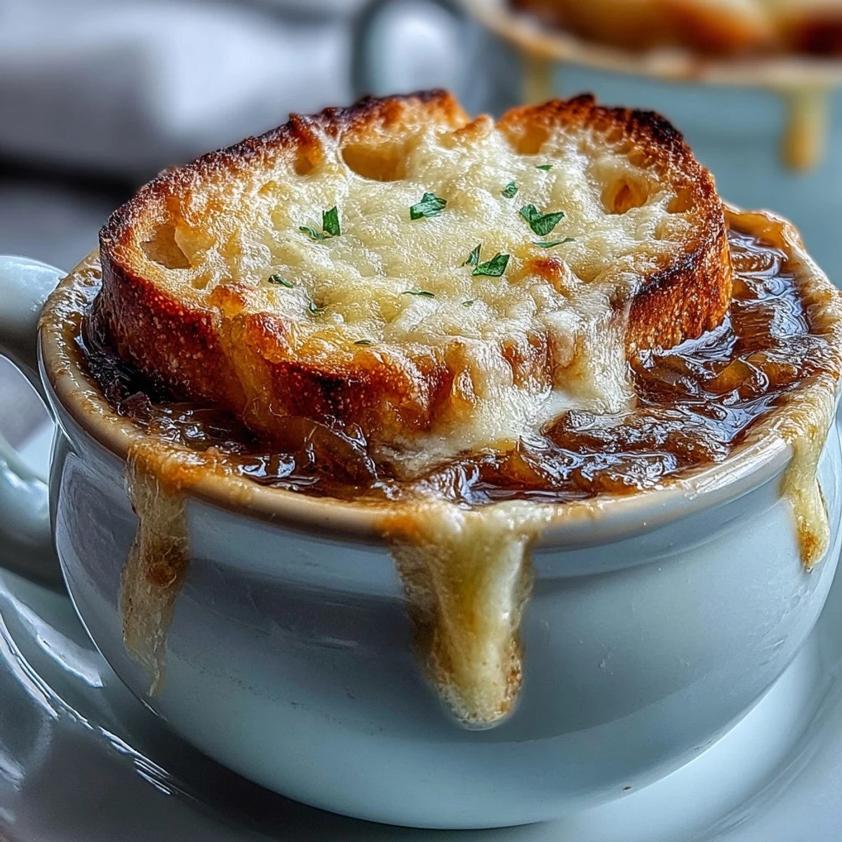 Steaming Classic French Onion Soup in a rustic bowl features deeply caramelized onions and a golden, bubbly Gruyère cheese topping.