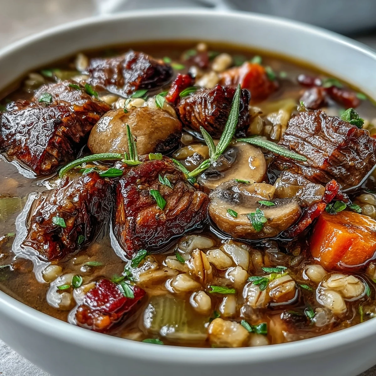 Sliced mushrooms and pearl barley simmer in a pot of Beef and Barley Soup with Mushrooms.