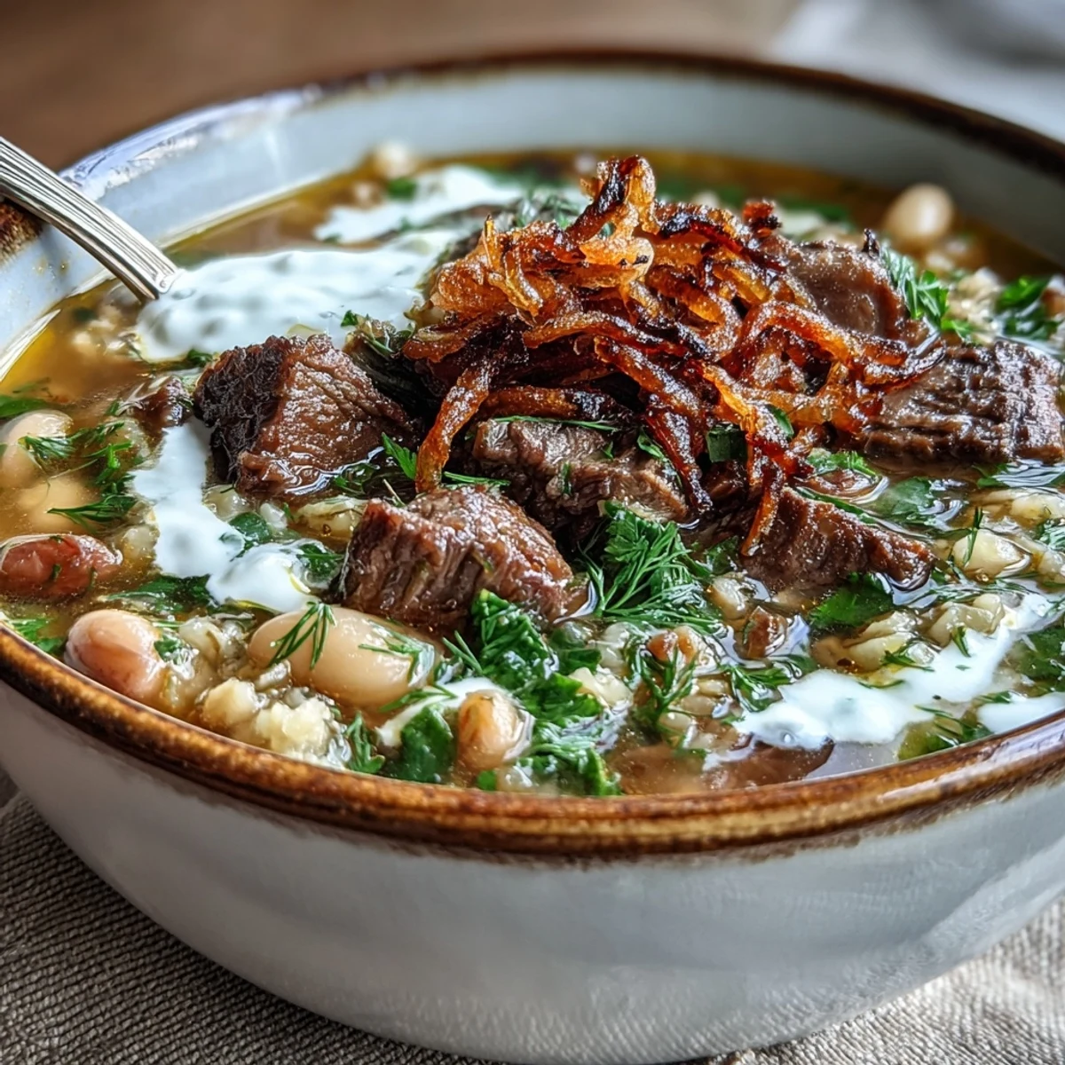 Steaming bowl of Beef Barley Soup topped with golden mint-fried onions and a swirl of sour cream.