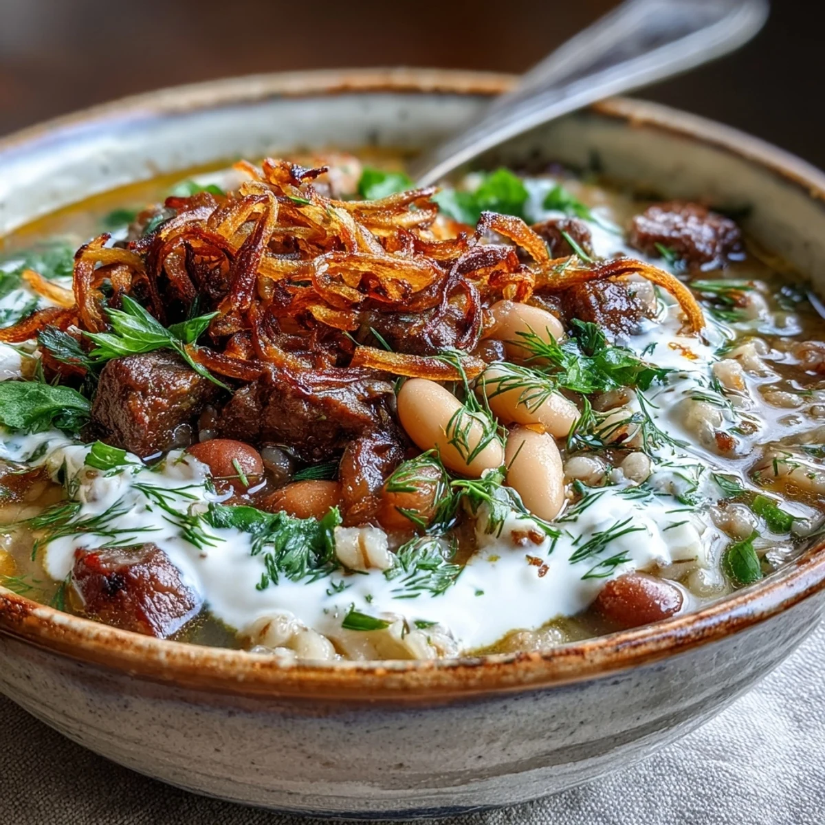Hearty Persian-inspired Beef Barley Soup garnished with fresh herbs and served alongside warm flatbread.