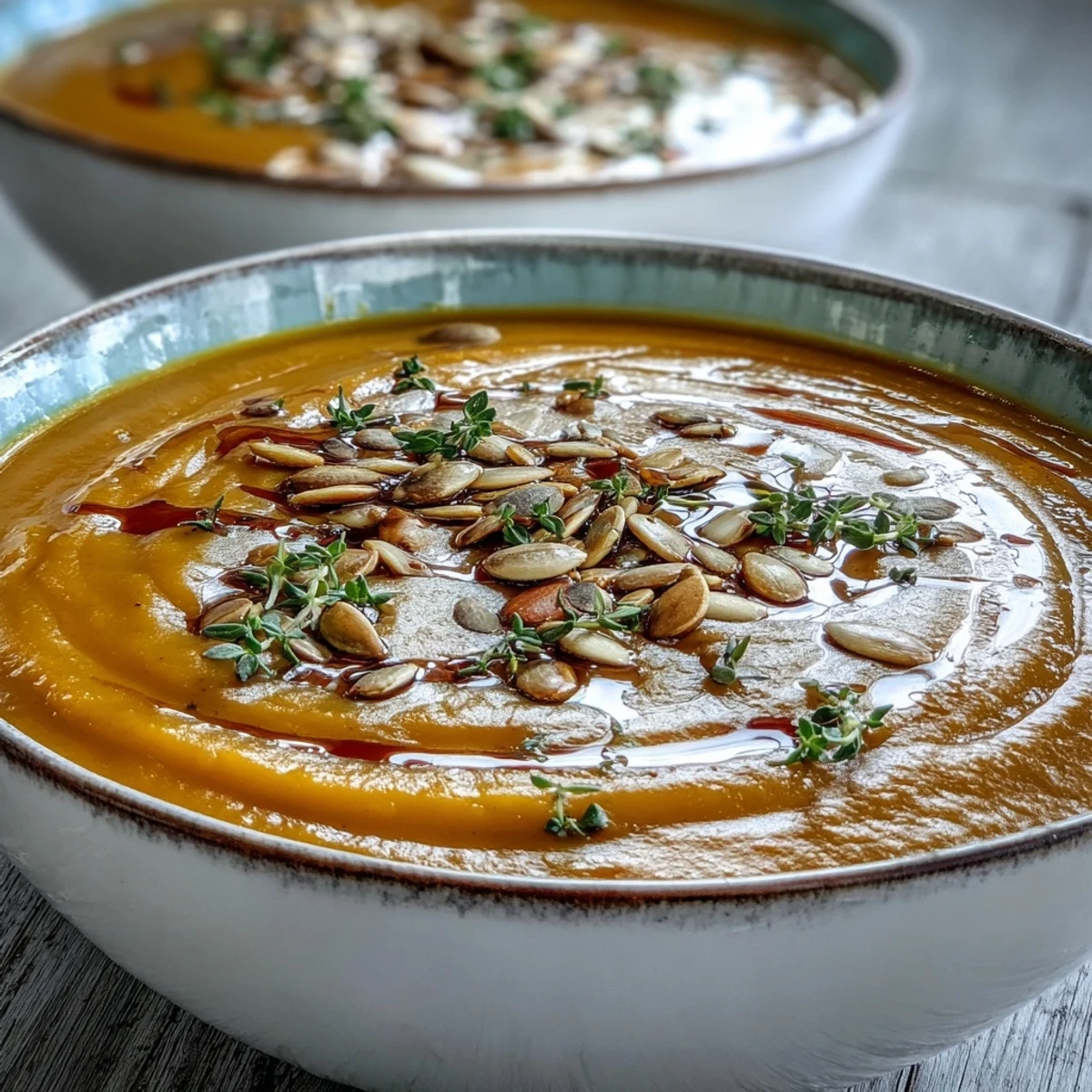 A bowl of velvety Butternut Squash Soup topped with toasted pumpkin seeds and maple syrup drizzle.