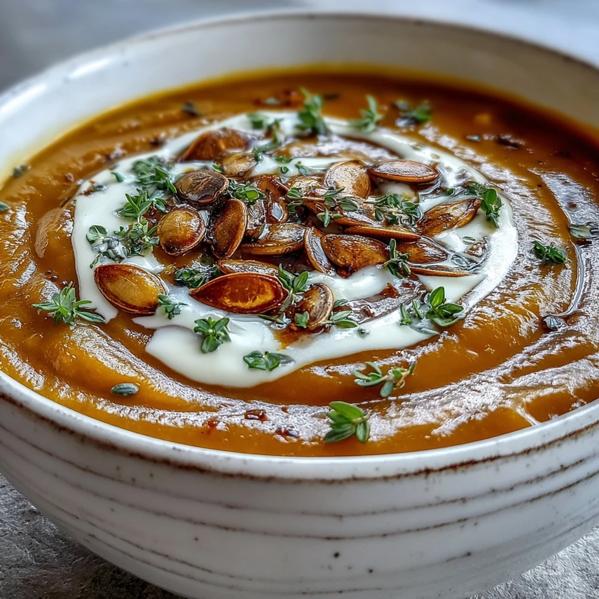 Golden Roasted Butternut Squash Soup steaming in a rustic bowl, garnished with pumpkin seeds and fresh thyme.