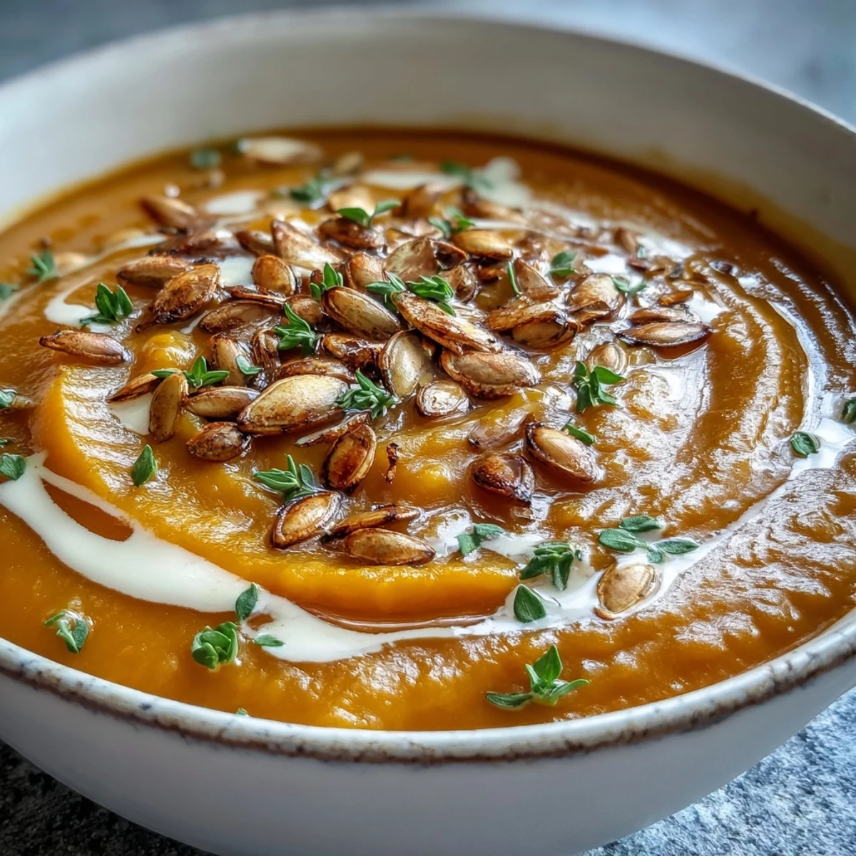 A bowl of Roasted Butternut Squash Soup topped with seeds, served with a slice of crusty bread.
