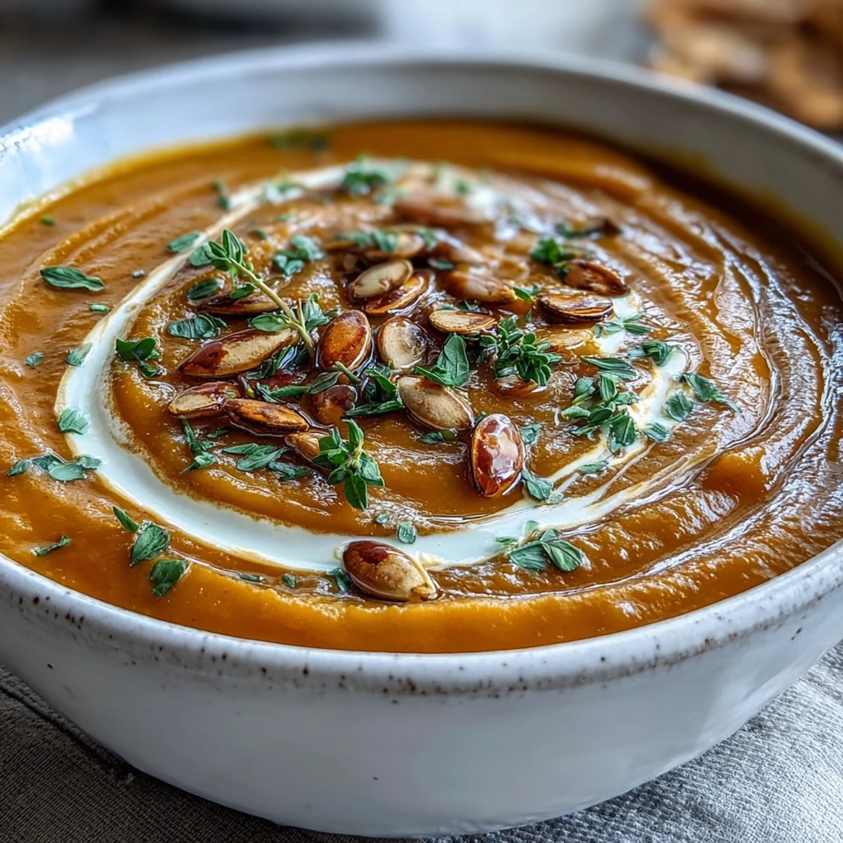 Rich Roasted Butternut Squash Soup in a white bowl, drizzled with cream and paired with a cozy grilled cheese.