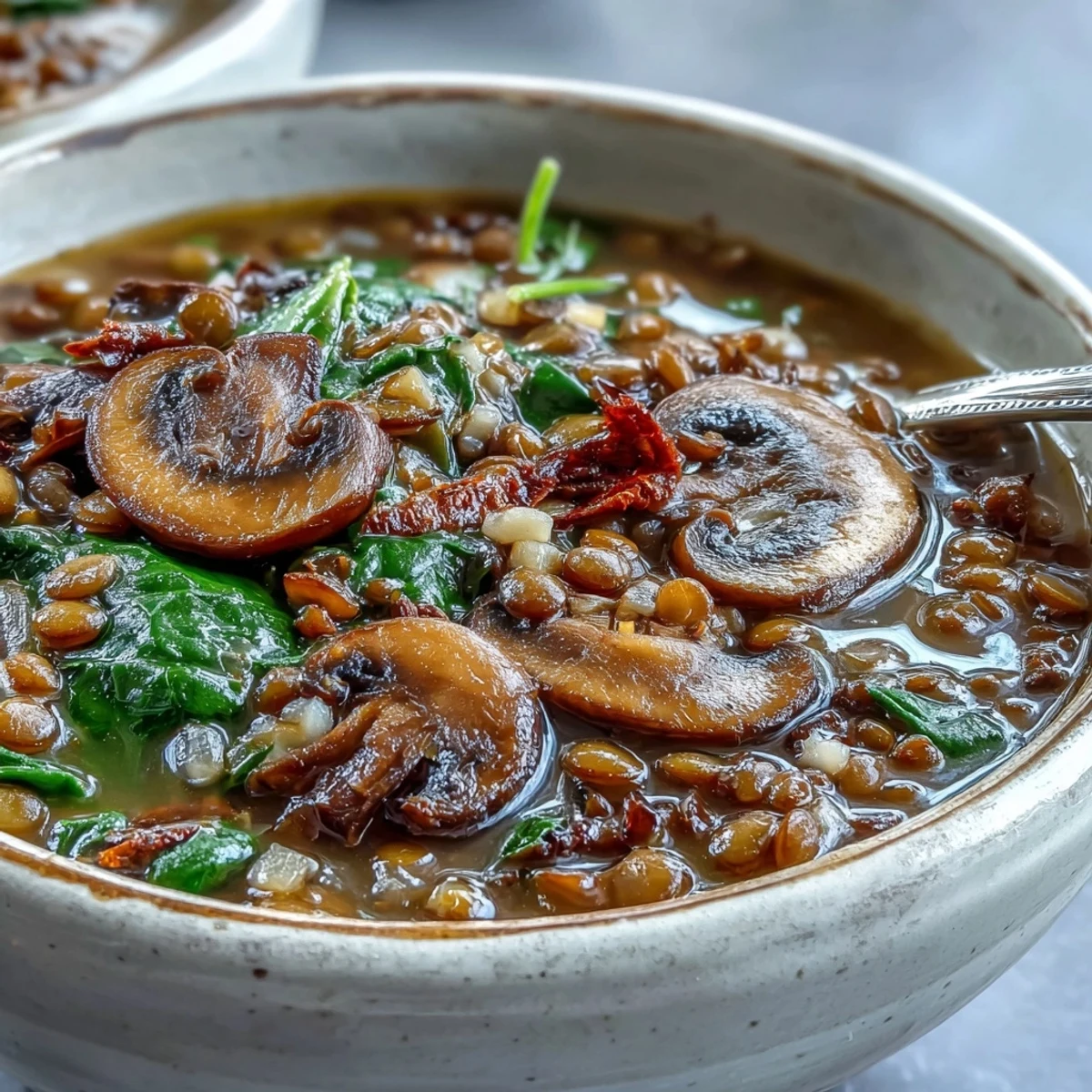 Hearty Double Lentil and Mushroom Barley Soup steams in a rustic bowl, featuring tender lentils, mushrooms, and visible collard greens next to crusty bread.