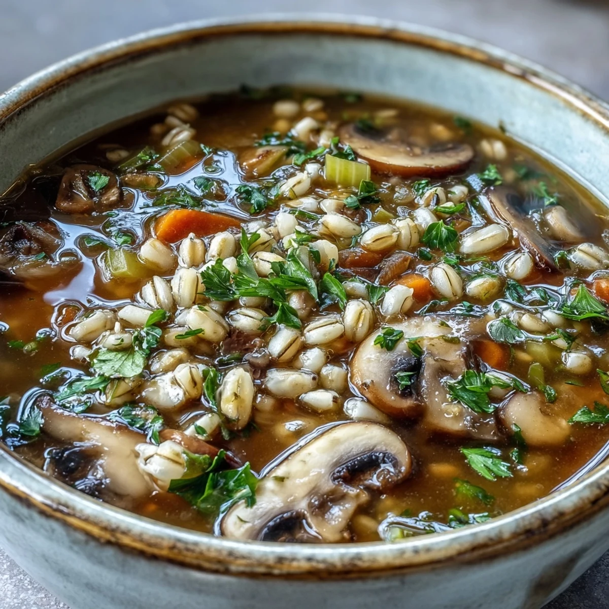 Steaming Mushroom Barley Soup in a rustic bowl garnished with fresh parsley.
