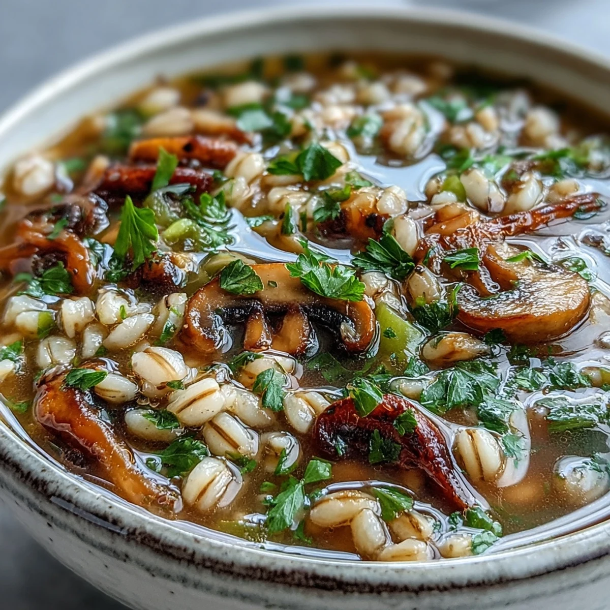 Close-up of Mushroom Barley Soup with glistening broth, carrots, celery, and barley.