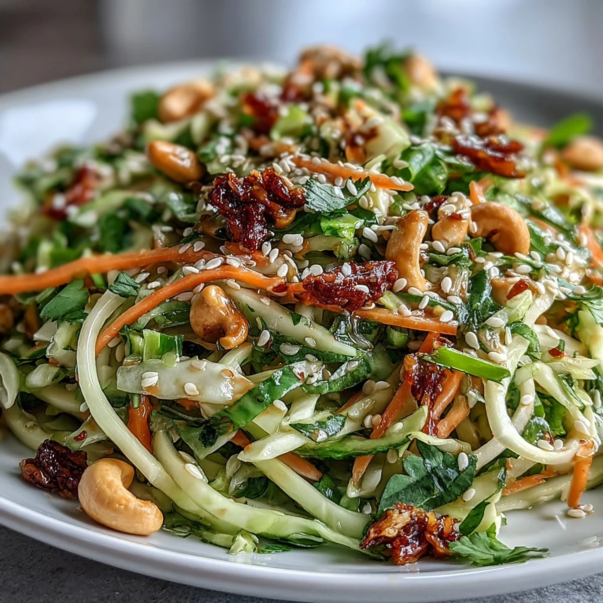 A bowl of Asian Cabbage Salad with a sesame-ginger dressing, topped with chopped cashews.
