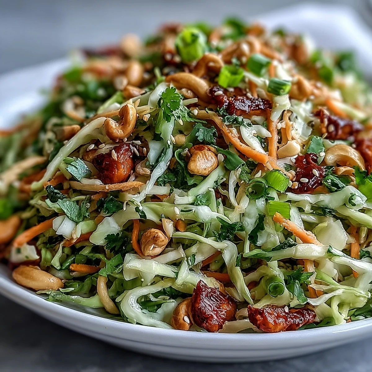 Bright purple and green cabbage mix tossed with fresh cilantro and sesame seeds.