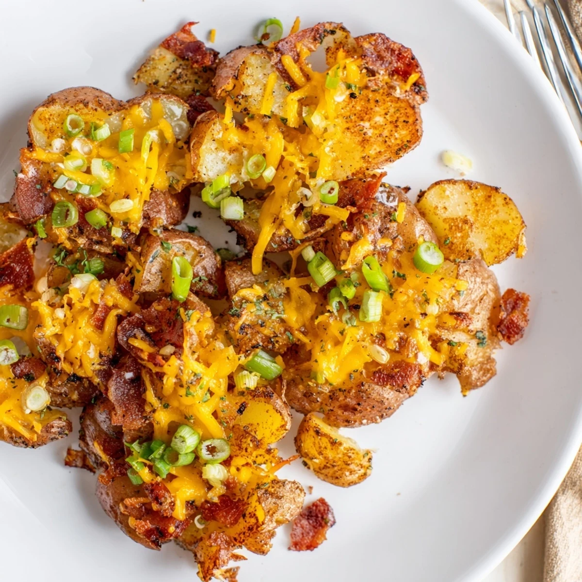 Crispy smashed green onion potato bombs topped with melted cheese and herbs.  