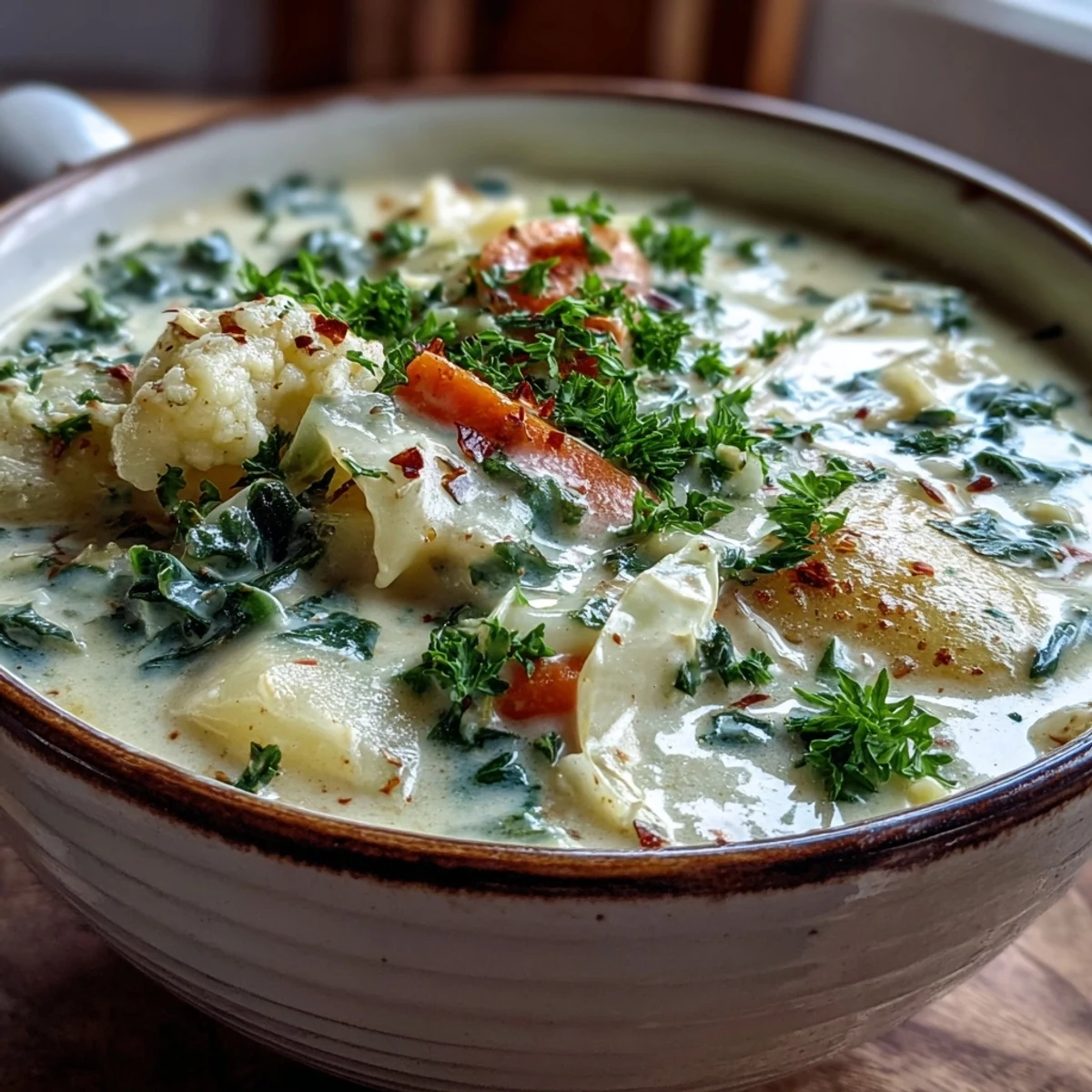 Creamy Potato Soup with Cabbage served hot in a rustic bowl with fresh parsley garnish and crusty bread.