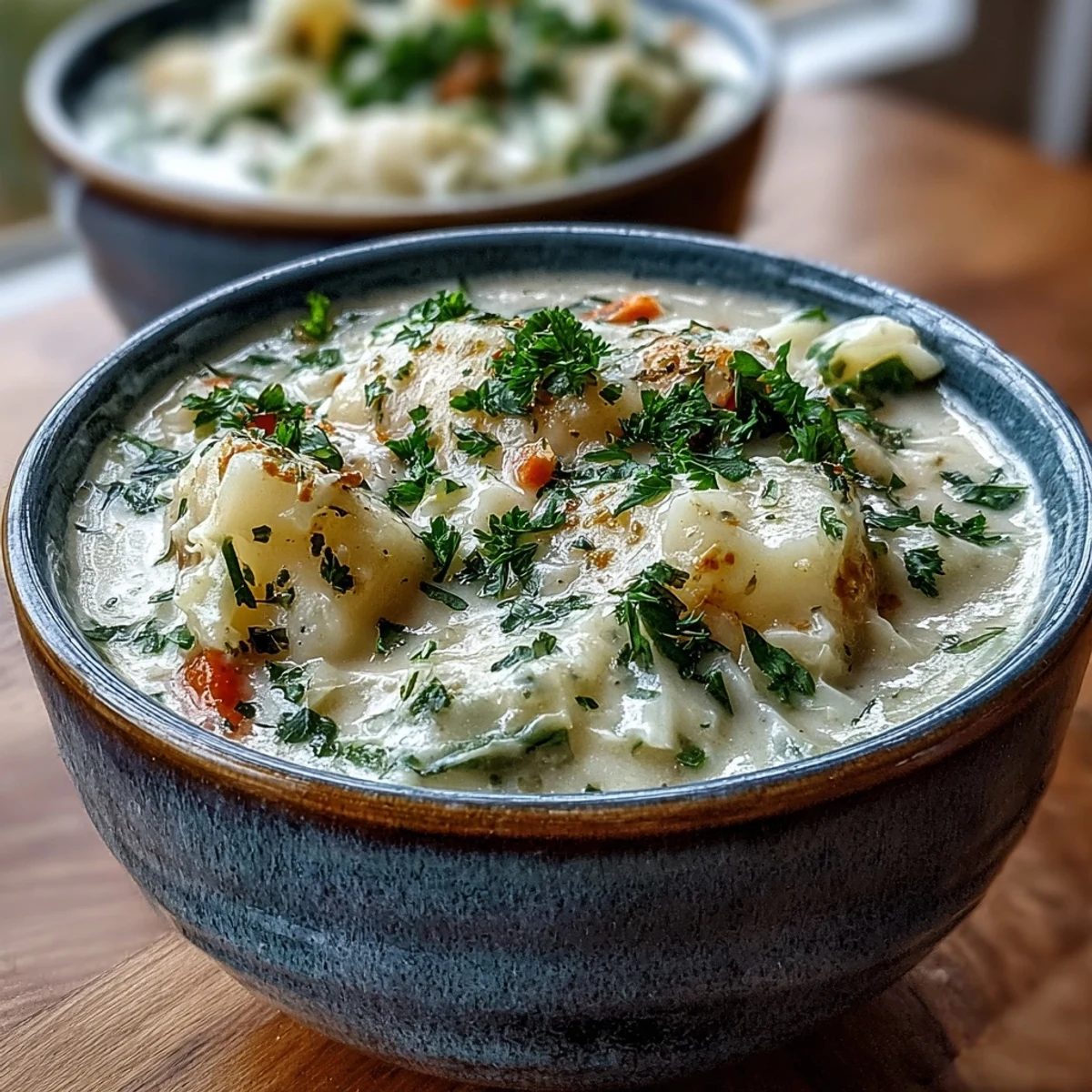 Close-up of Creamy Potato Soup with Cabbage featuring velvety broth, tender potato chunks, and carrots in a white bowl.