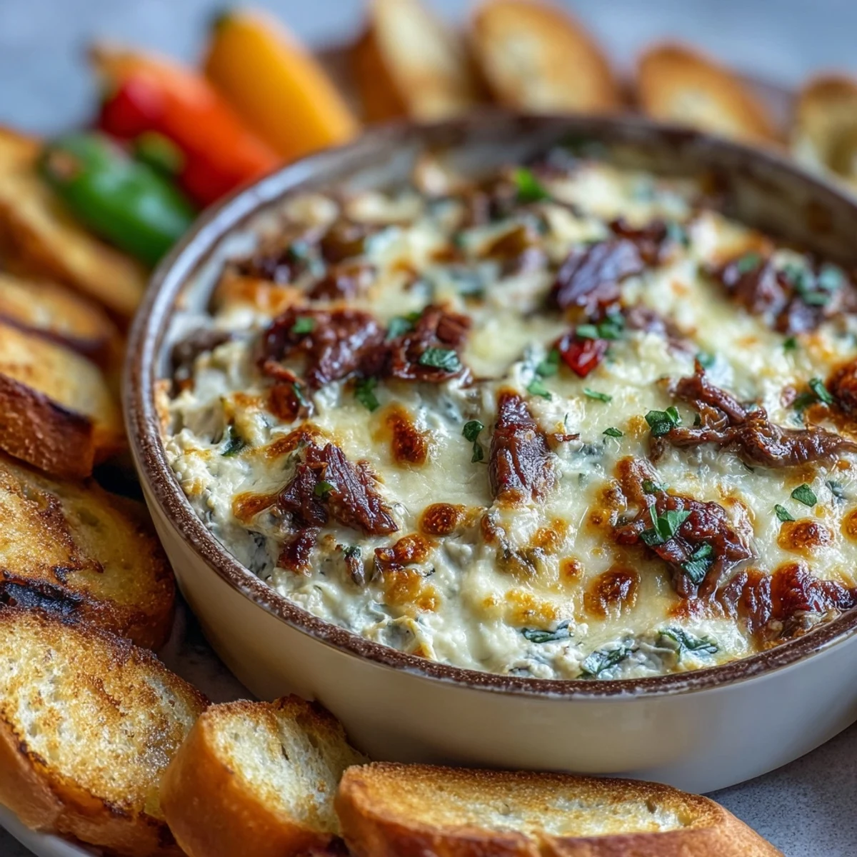 Golden-baked Philly Cheesesteak Dip in a dish, topped with bubbly provolone, served with toasted baguette slices for dipping.