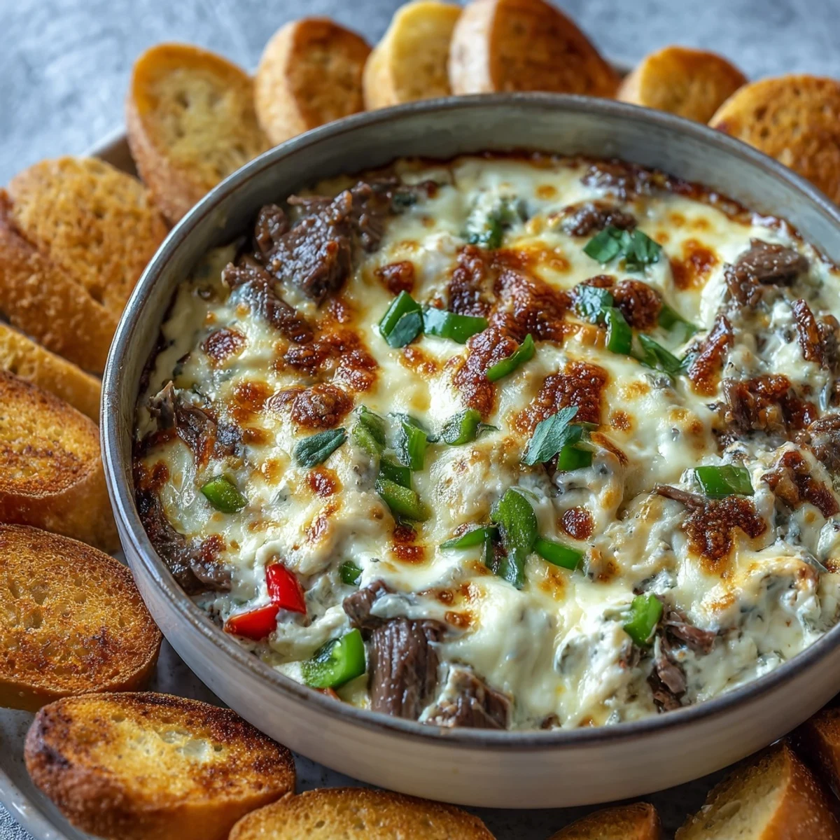 A close-up of creamy Philly Cheesesteak Dip, featuring tender shaved ribeye and colorful sautéed peppers and onions.