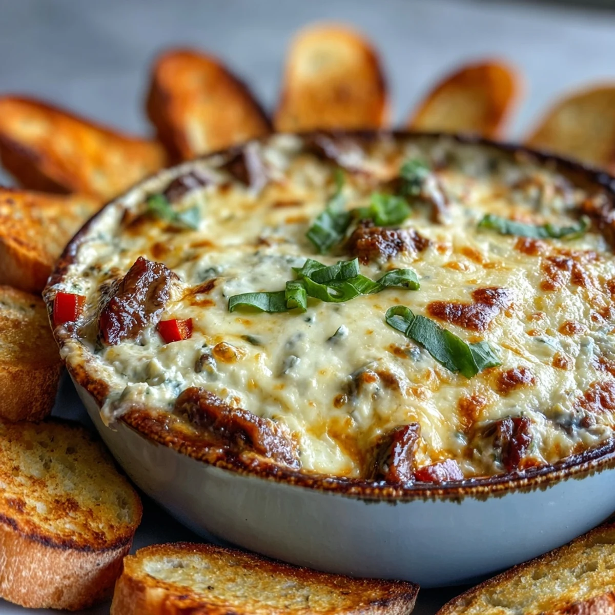Hot Philly Cheesesteak Dip fresh from the oven, perfect for scooping with crispy tortilla chips at a party.