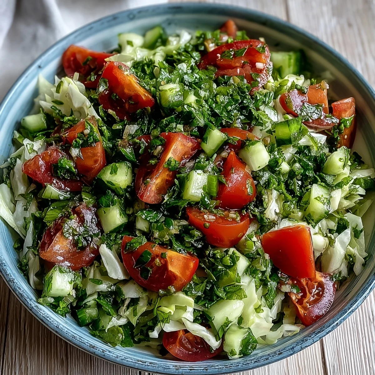 Bright, crisp Lebanese Cabbage Salad tossed with fresh parsley, mint, and a tangy lemon-olive oil dressing served in a rustic bowl.  