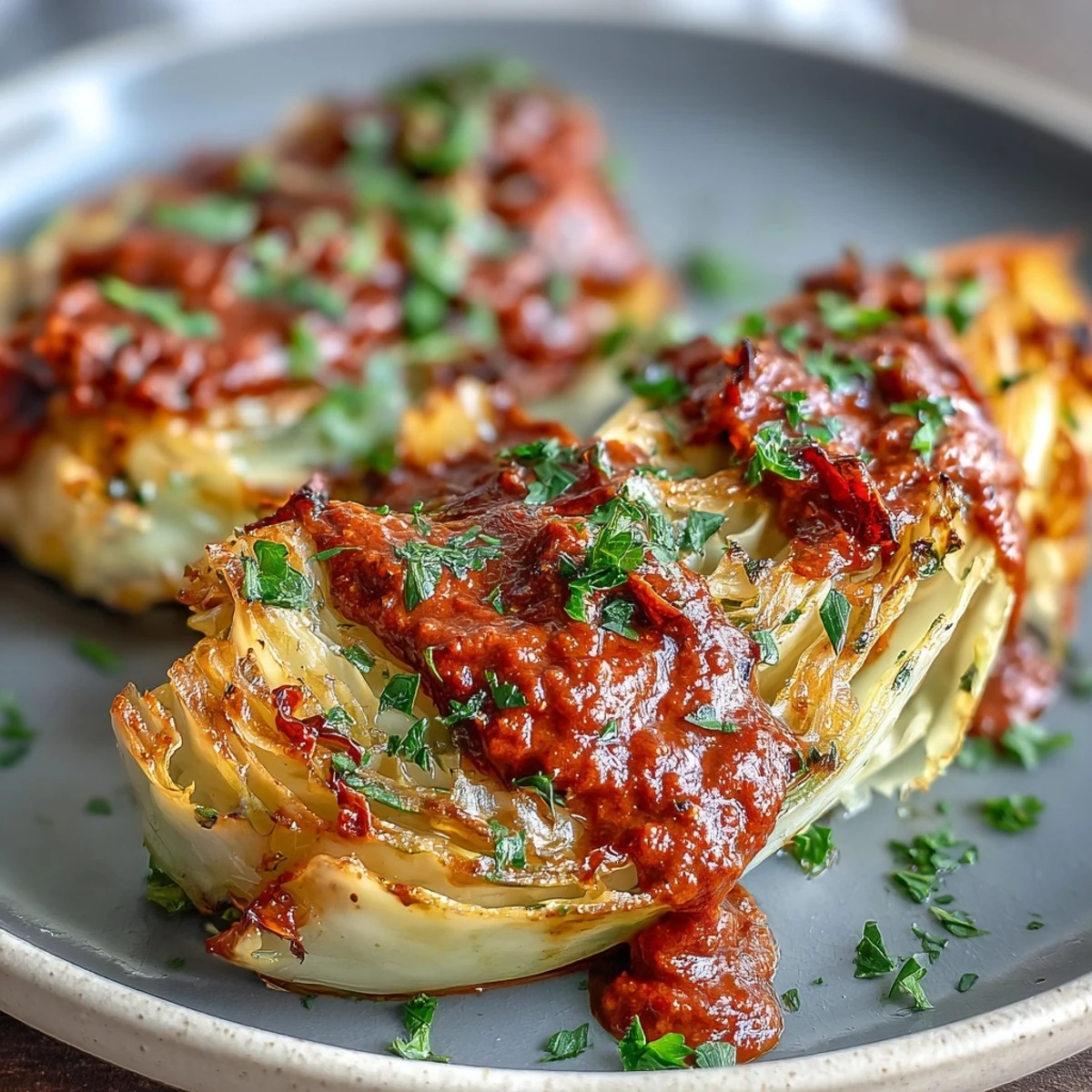 Golden cabbage wedges topped with vibrant winter romesco, a toasted walnut and sun-dried tomato sauce, perfect for a vegetarian main.