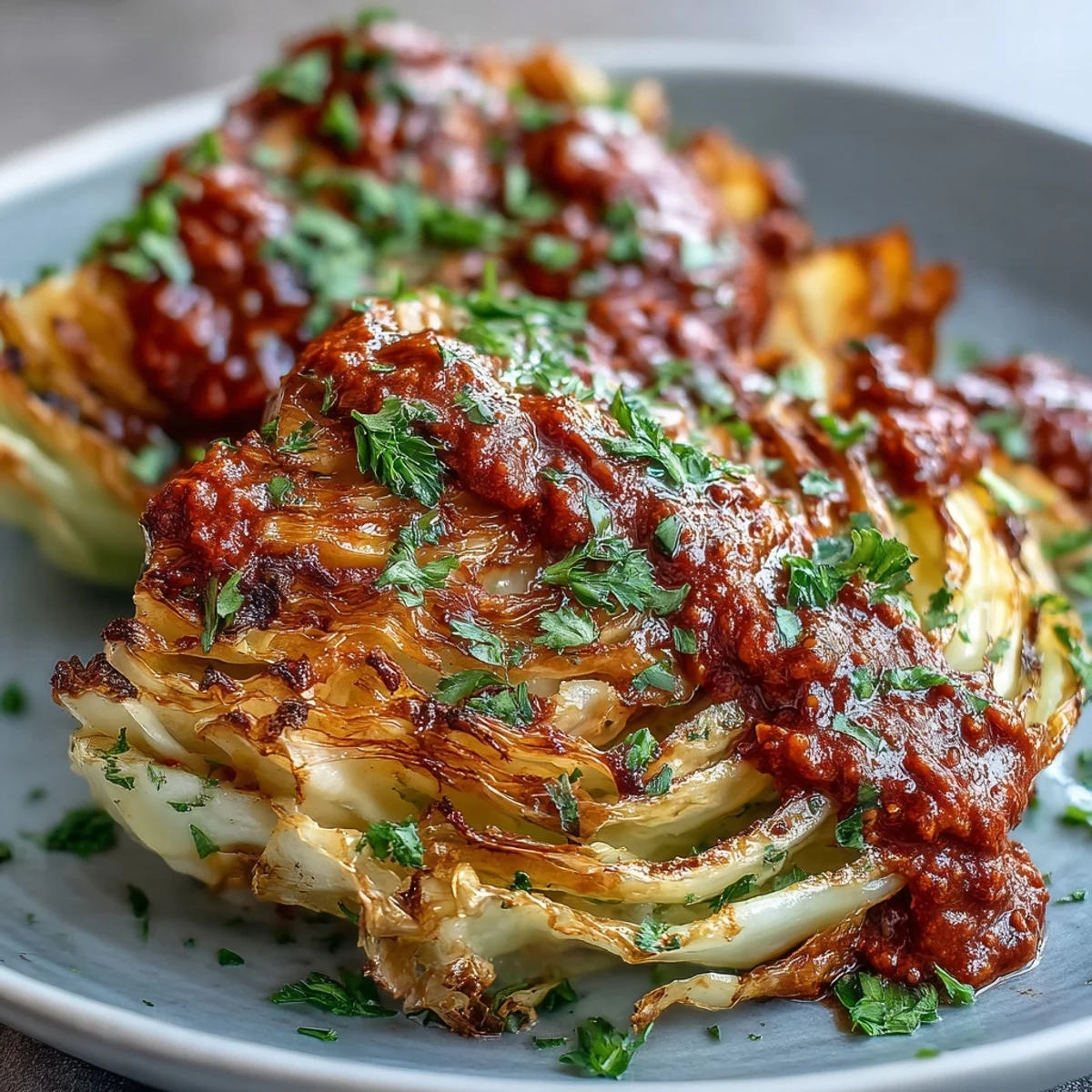 Roasted cabbage wedges plated with Baked Cabbage Salad With Winter Romesco, garnished with walnuts and lemon for a cozy, gluten-free side.
