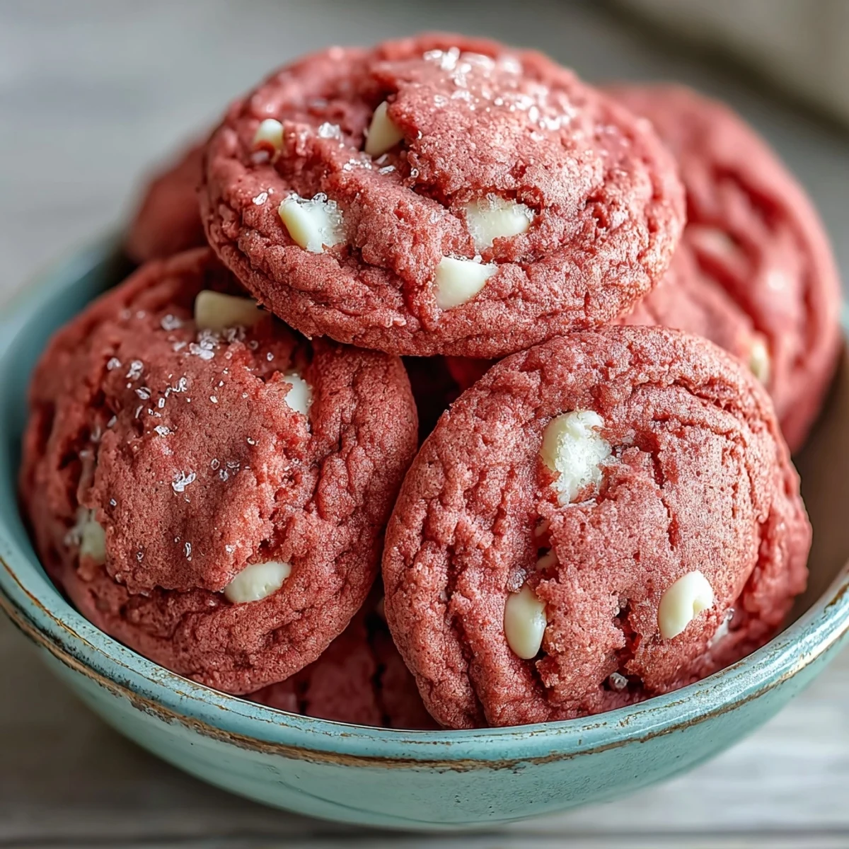 Freshly baked Pink Velvet Cookies with creamy white chocolate chips, stacked on a cooling rack for a sweet treat.