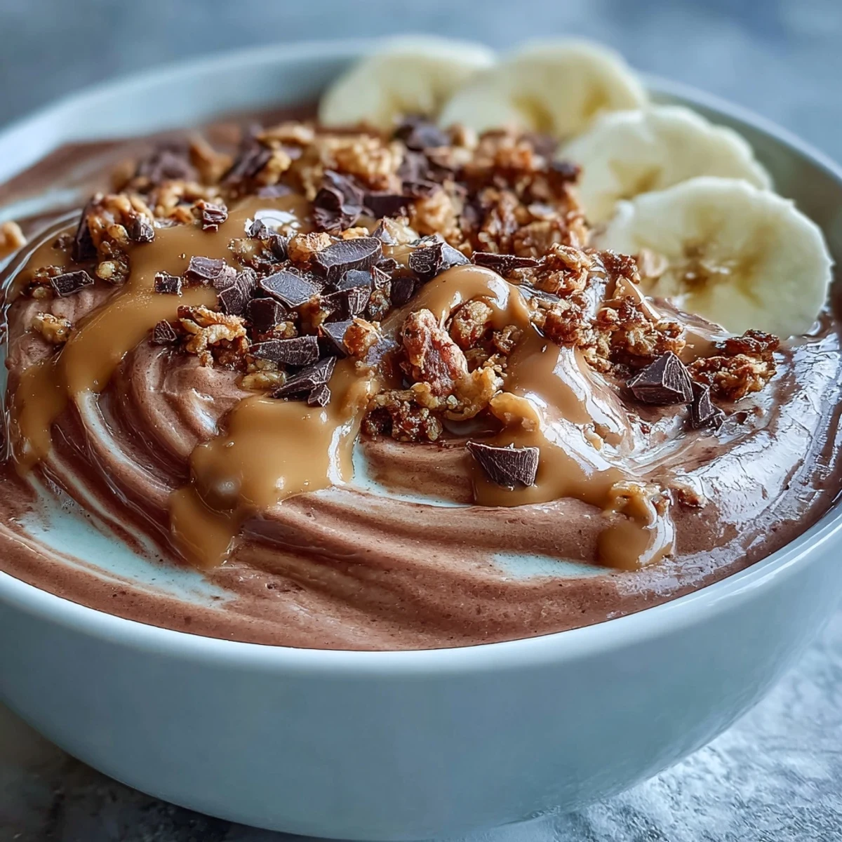 Thick Chocolate Peanut Butter Smoothie Bowl topped with sliced bananas, crunchy granola, and a rich peanut butter drizzle.