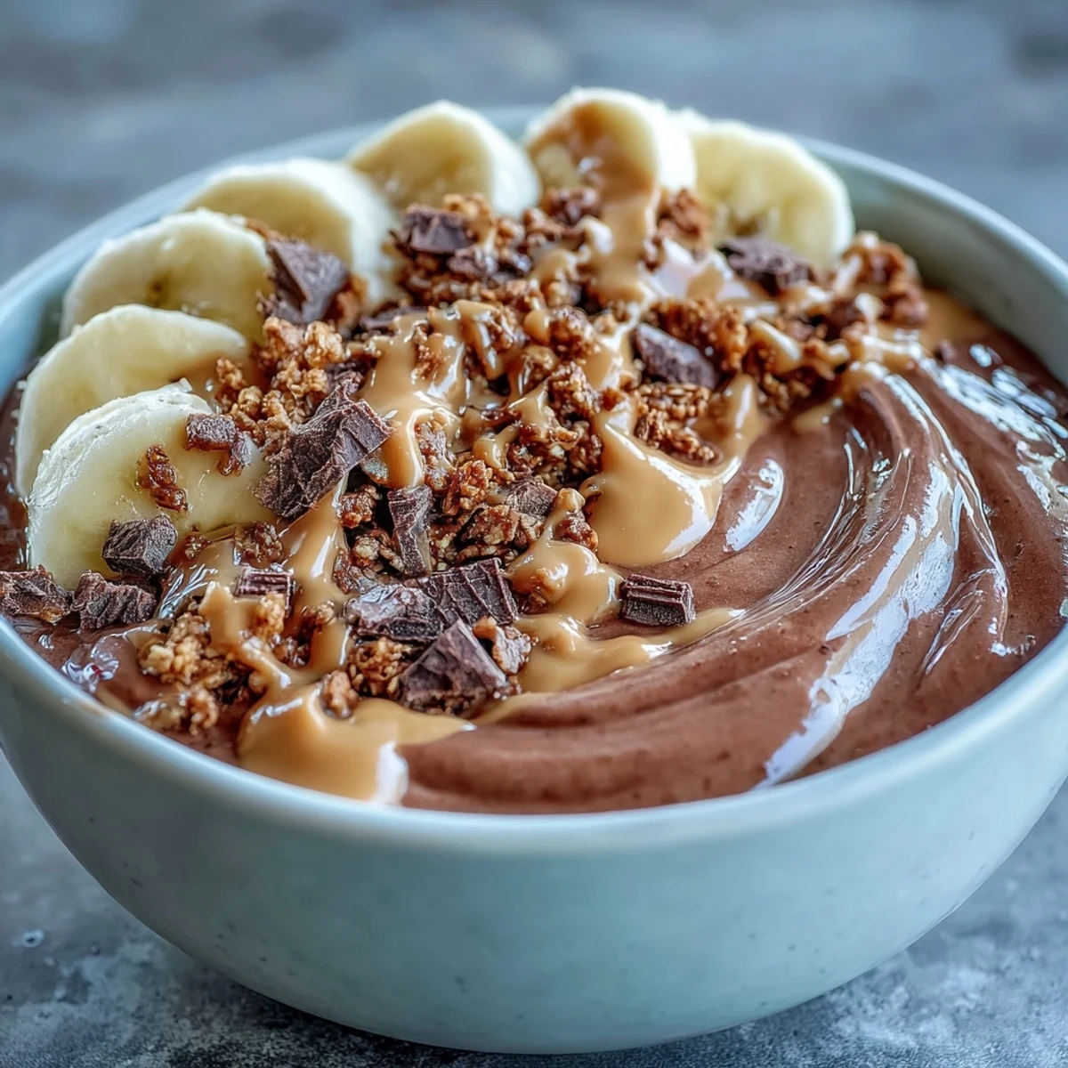 A textured close-up of a Chocolate Peanut Butter Smoothie Bowl, featuring a creamy cocoa base and a generous sprinkle of granola.