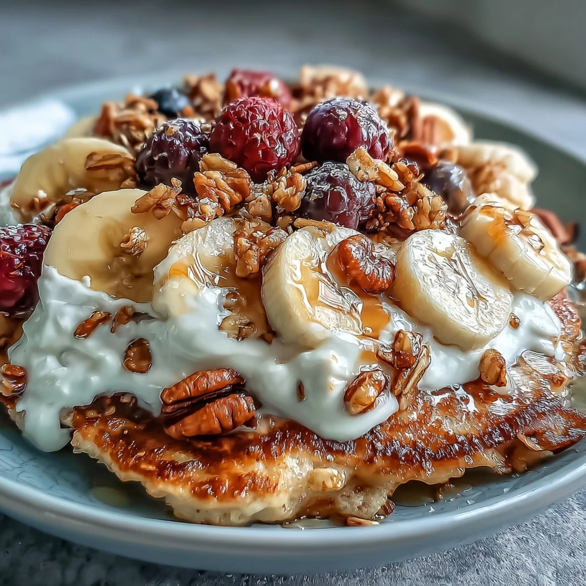 A close-up of a Protein Pancake Bowl showcasing a thick, golden pancake base topped with creamy Greek yogurt and sliced banana.