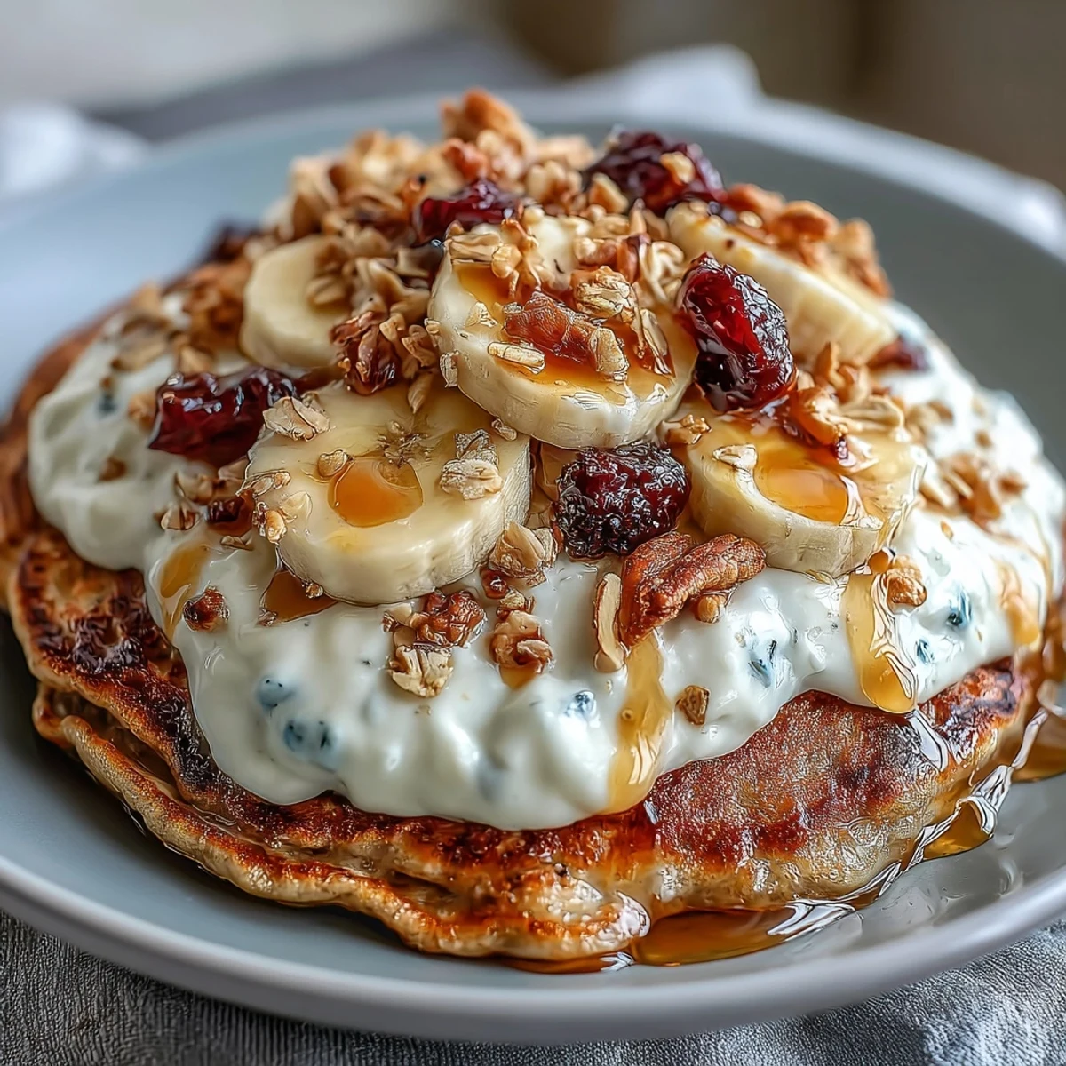 Sunlit view of a Protein Pancake Bowl brimming with fresh blueberries, raspberries, and a generous drizzle of honey.