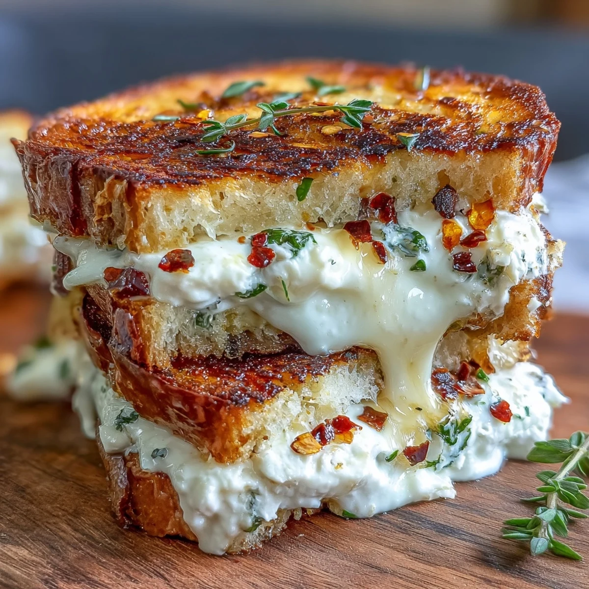 Golden-brown sourdough halves ooze with creamy goat cheese and honey, garnished with red chili flakes.