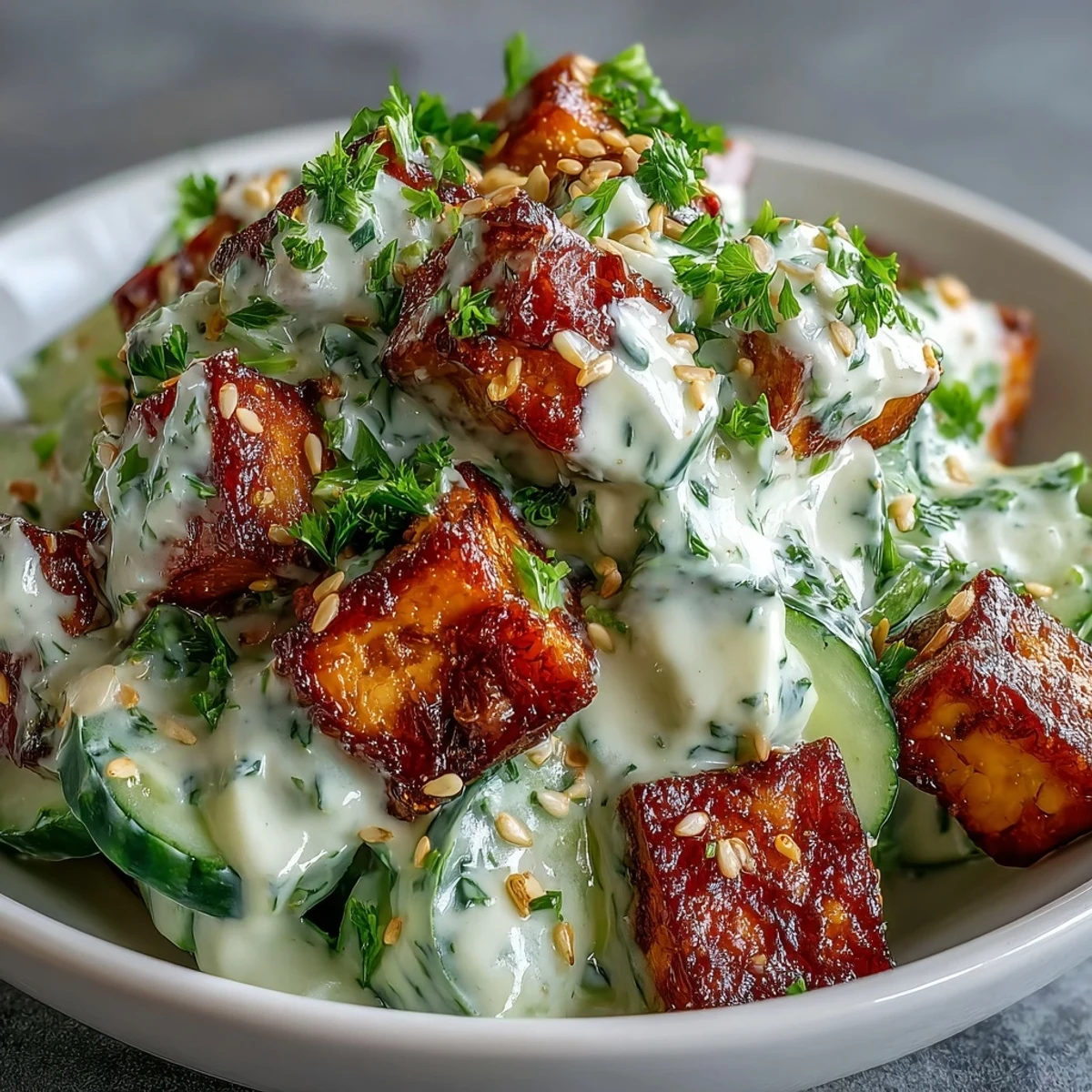 Golden, ultra-crispy tofu cubes are piled atop a bed of creamy Asian cucumber salad with vibrant carrot matchsticks.