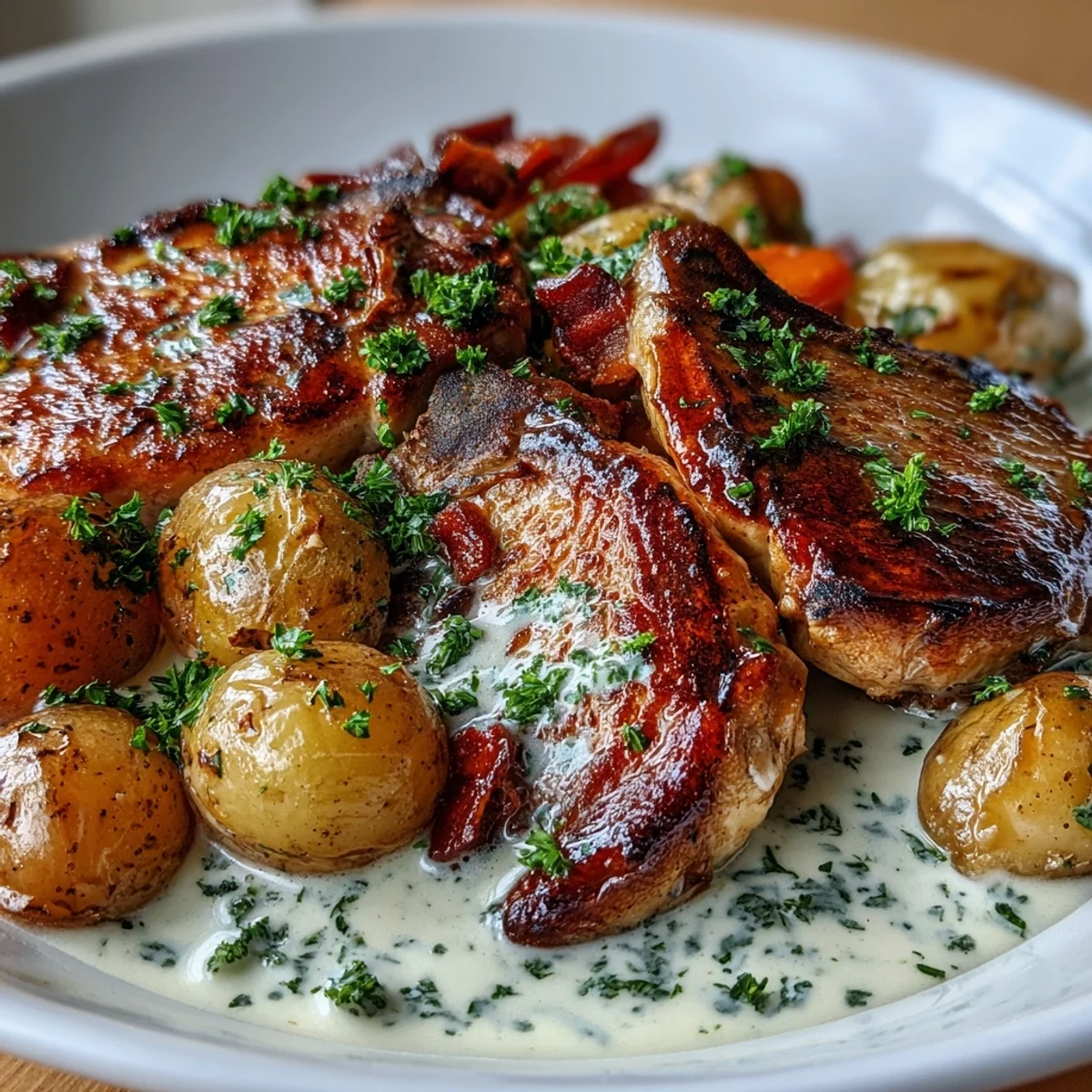 Slow-cooker Crockpot Ranch Pork Chops in rich ranch gravy beside fork-tender potatoes and carrots, perfect family dinner.