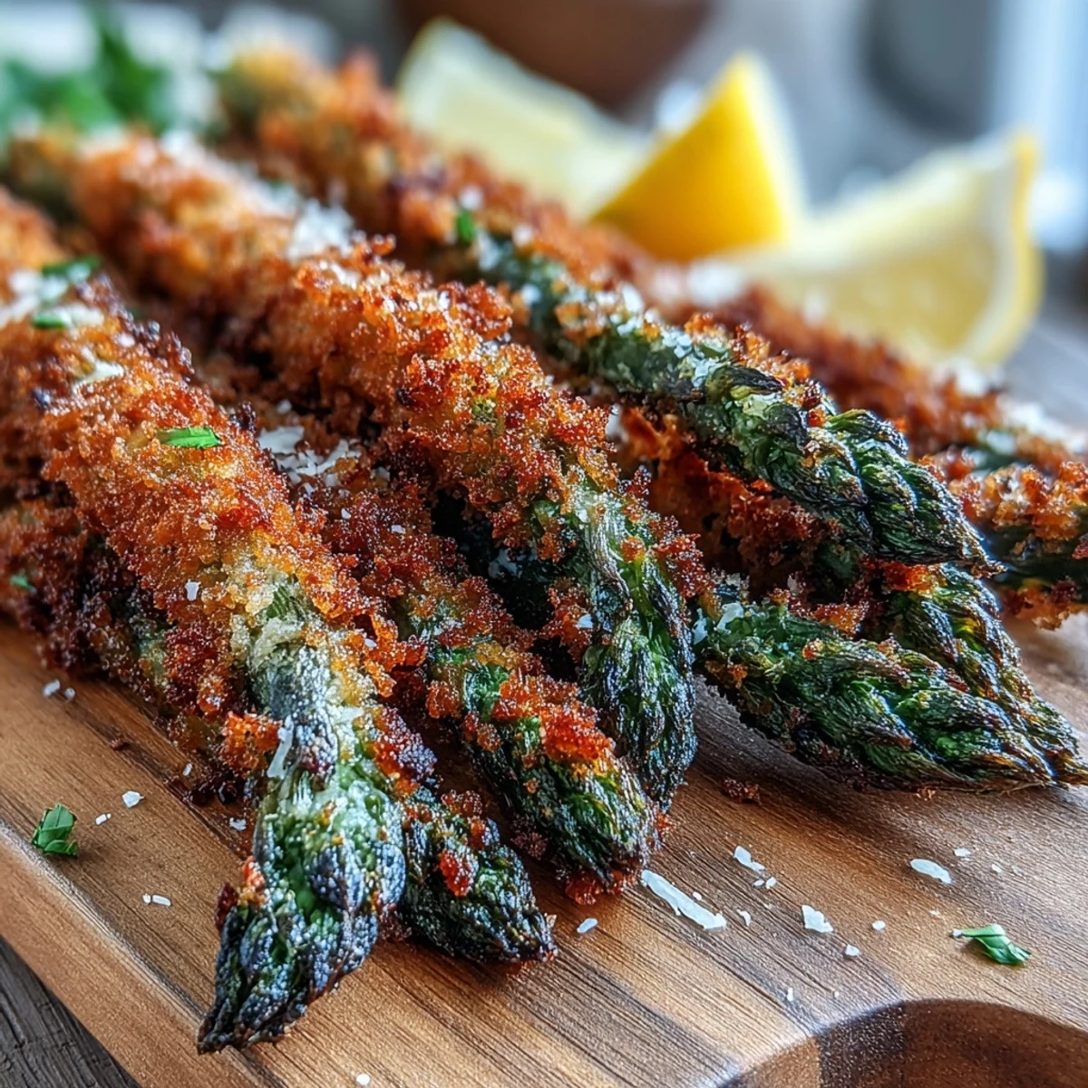 Crispy Asparagus Asiago Spears baked until golden, served hot with fresh lemon wedges.