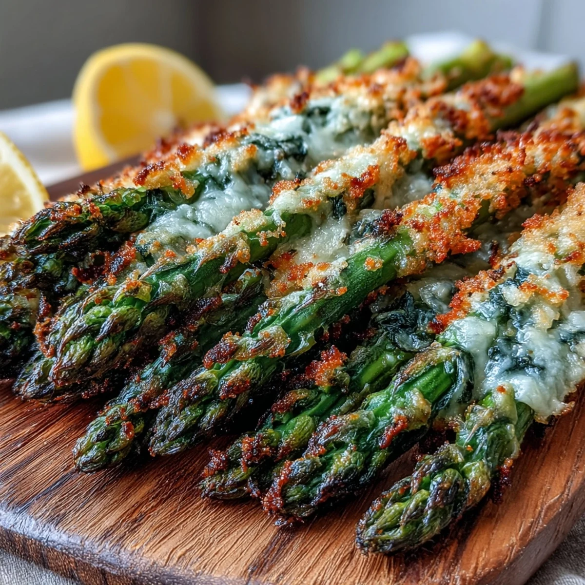 Golden-brown Crispy Asparagus Asiago Spears with a smoky paprika crust and tender green tips.