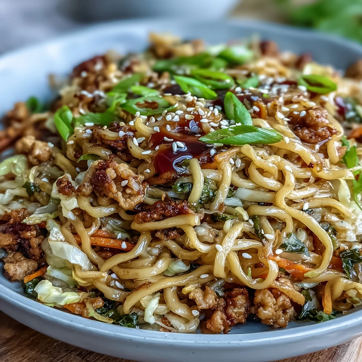 Forkful of browned ground pork and bright green onions in a vibrant Potsticker Noodle Bowl, garnished with sesame seeds.