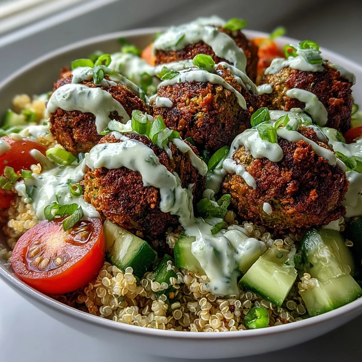 Crisp homemade falafel and fresh veggies make this wholesome Falafel Quinoa Salad Bowl a perfect vegetarian dinner idea.