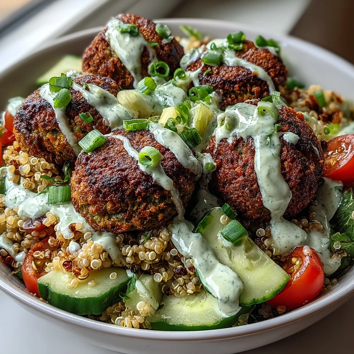 Healthy Falafel Quinoa Salad Bowl with bright vegetables and a rich tahini dressing, served in a rustic ceramic bowl.