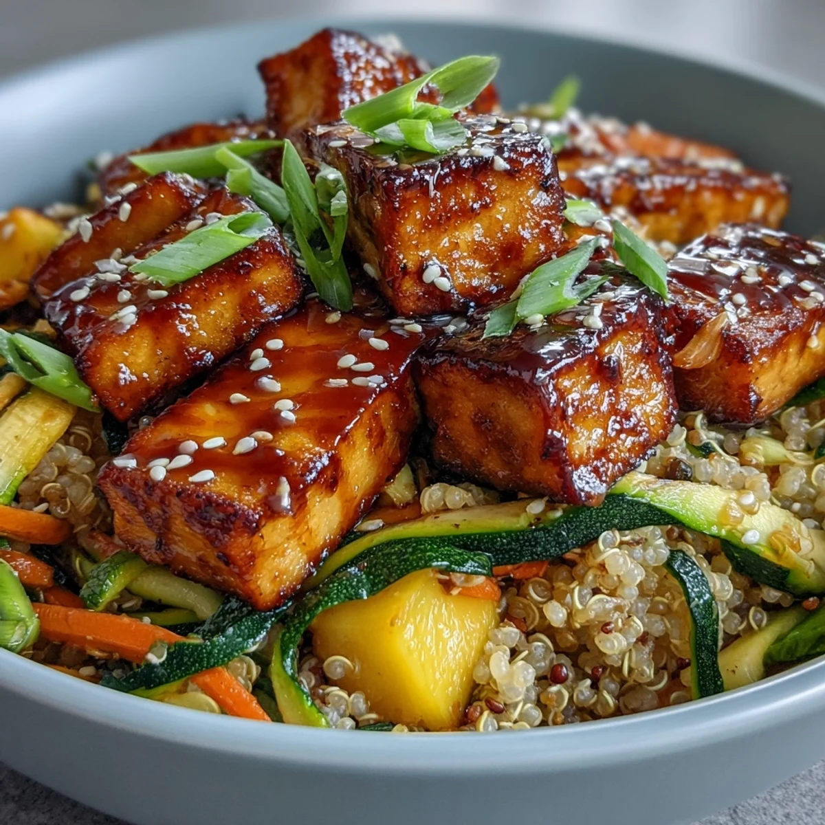 Freshly baked crispy tofu cubes and colorful spiralized zucchini and carrots top a bowl of fluffy quinoa, ready to be drizzled with sweet and savory gluten-free teriyaki sauce.