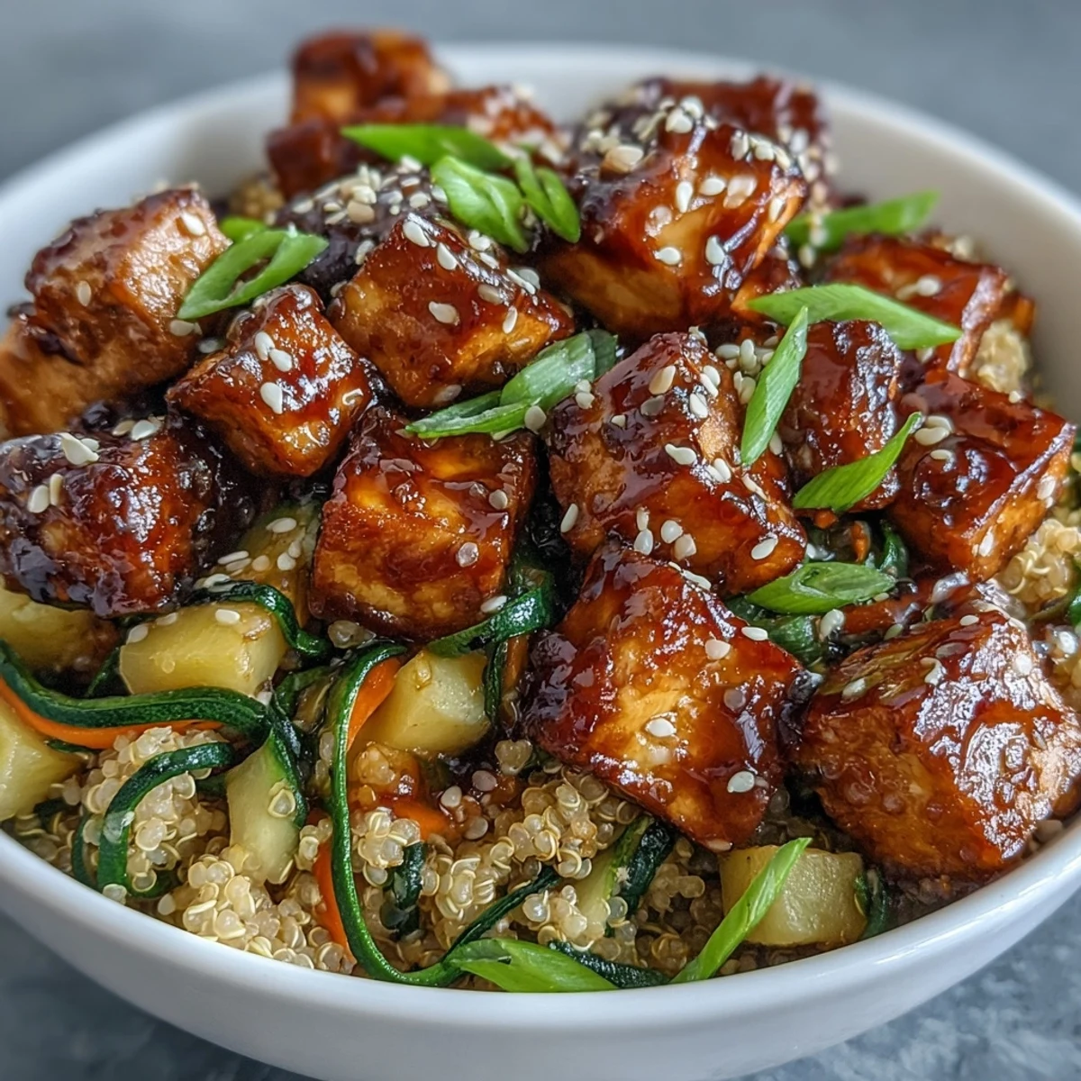 A wholesome and vibrant Easy Teriyaki Quinoa Bowl featuring fluffy grains, spiralized veggies, and succulent baked tofu, finished with a glossy drizzle of homemade teriyaki sauce.