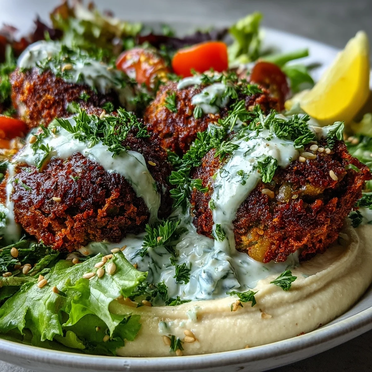 Crispy falafel balls rest on creamy hummus and vibrant greens in a Falafel Bowl, drizzled with tahini sauce.