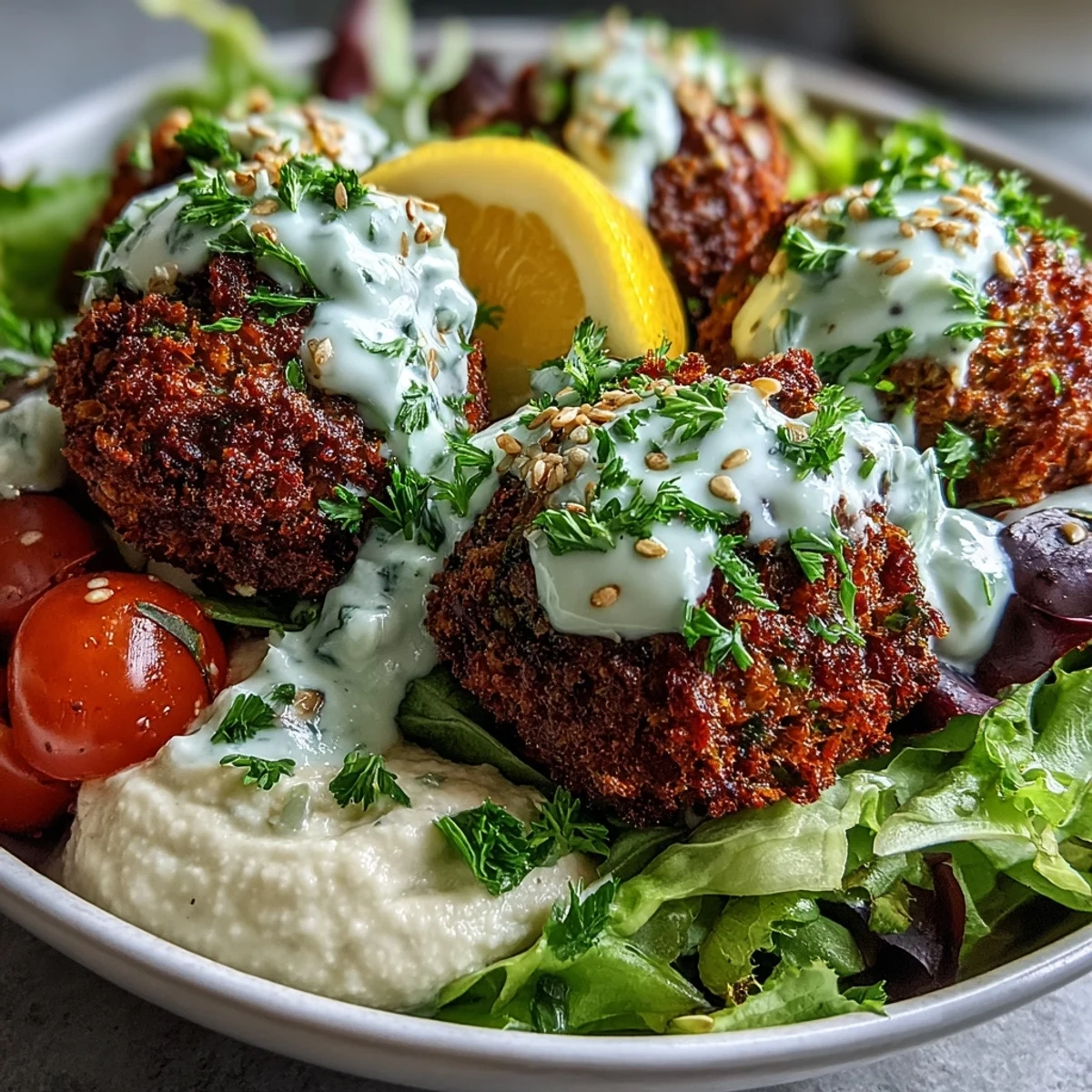 Falafel Bowl topped with creamy hummus, crisp cucumbers, and cherry tomatoes, garnished with parsley and sesame seeds.