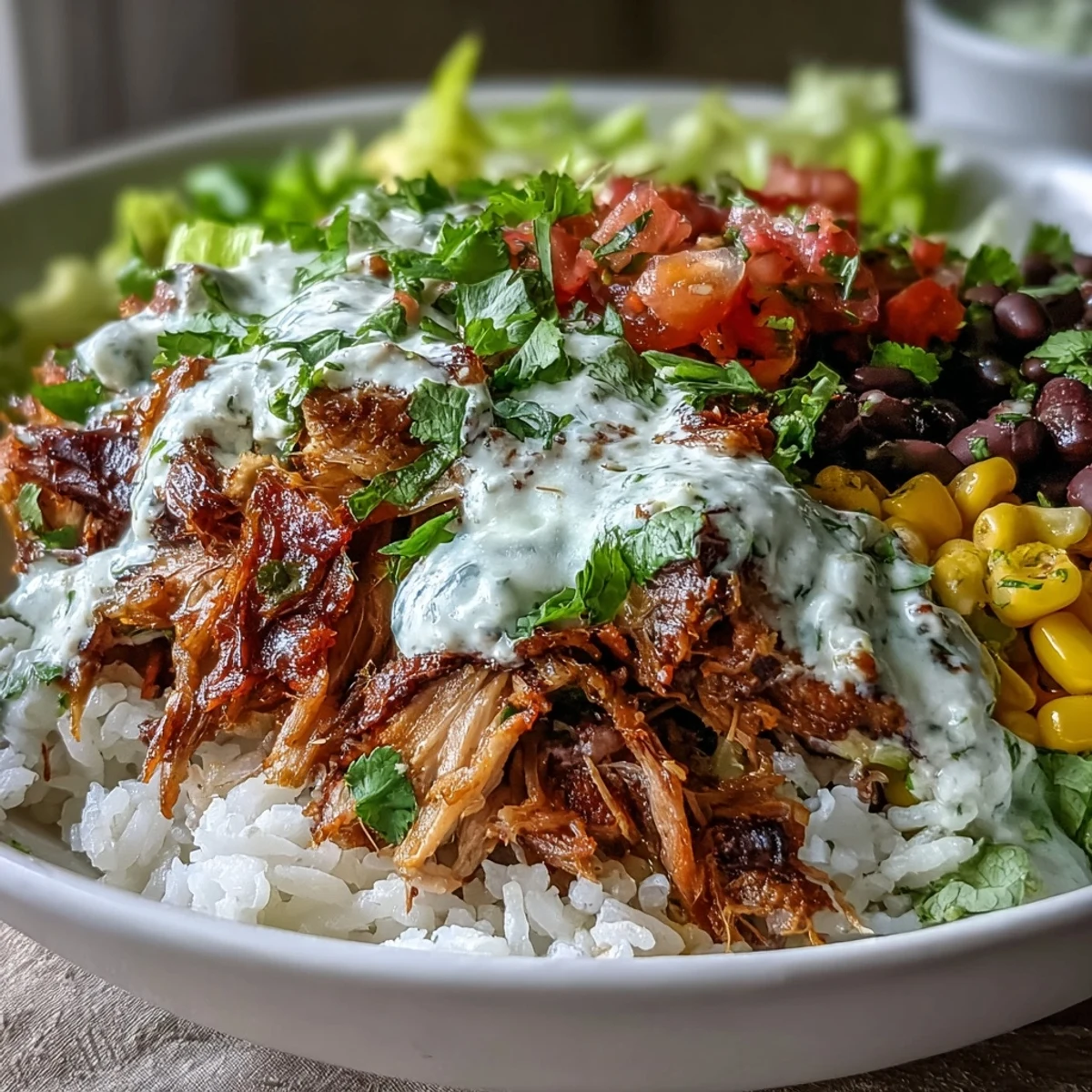 Golden brown, slow-cooked carnitas pile high on fluffy rice in this vibrant Carnitas Burrito Bowl.