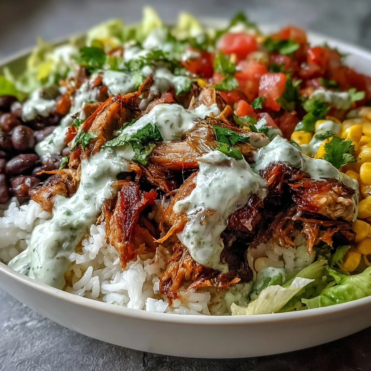 A finished Carnitas Burrito Bowl topped with black beans, sweet corn, crisp lettuce, and zesty salsa.